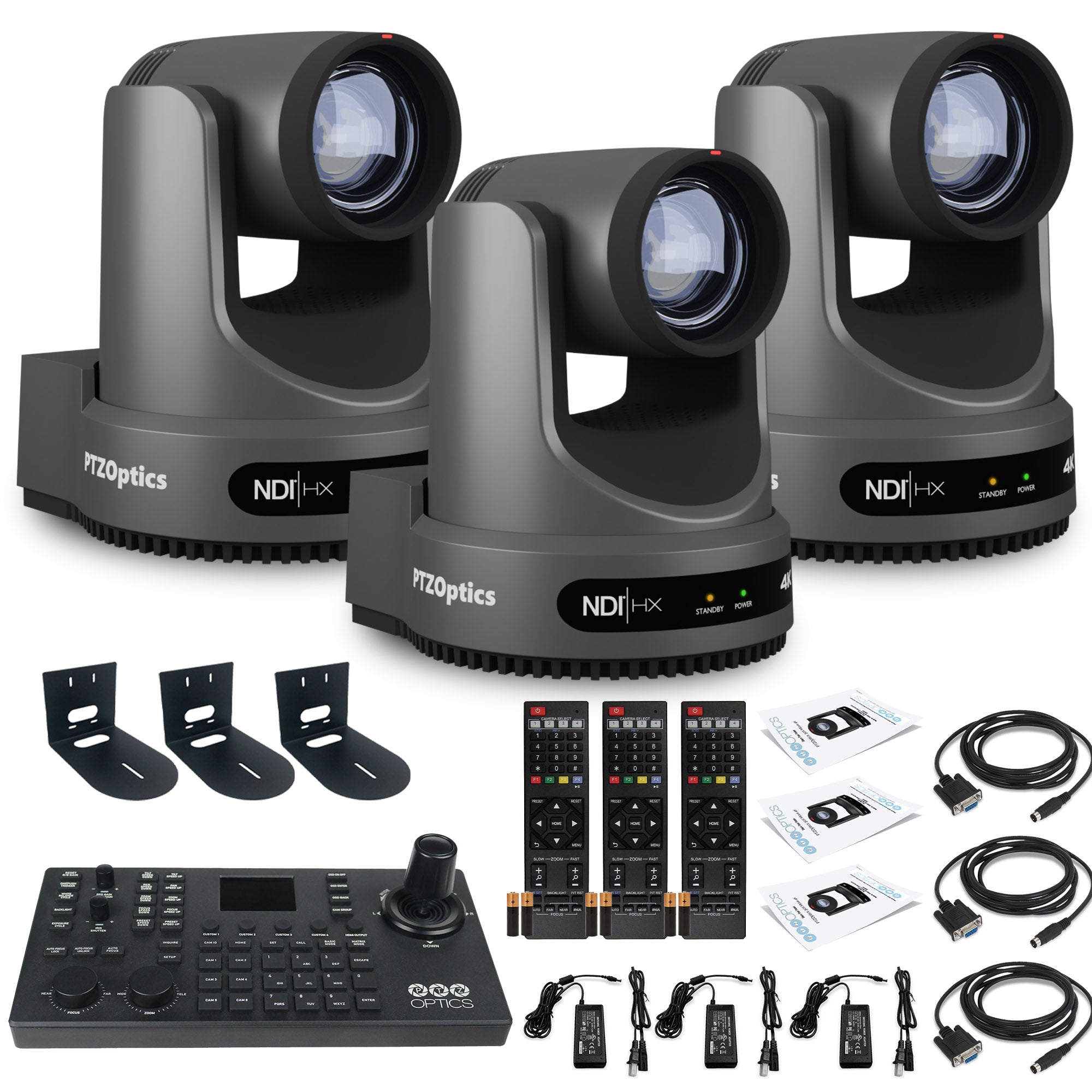 3 x PTZOptics Move 4K PTZ Camera with 20x Zoom (Gray) (PT20X-4K-GY-G3) + SuperJoy PTZ Controller + 3 x Wall Mount