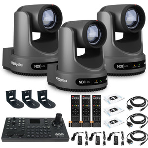 3 x PTZOptics Move 4K PTZ Camera with 20x Zoom Gray PT20X-4K-GY-G3 + SuperJoy PTZ Controller + 3 x Wall Mount