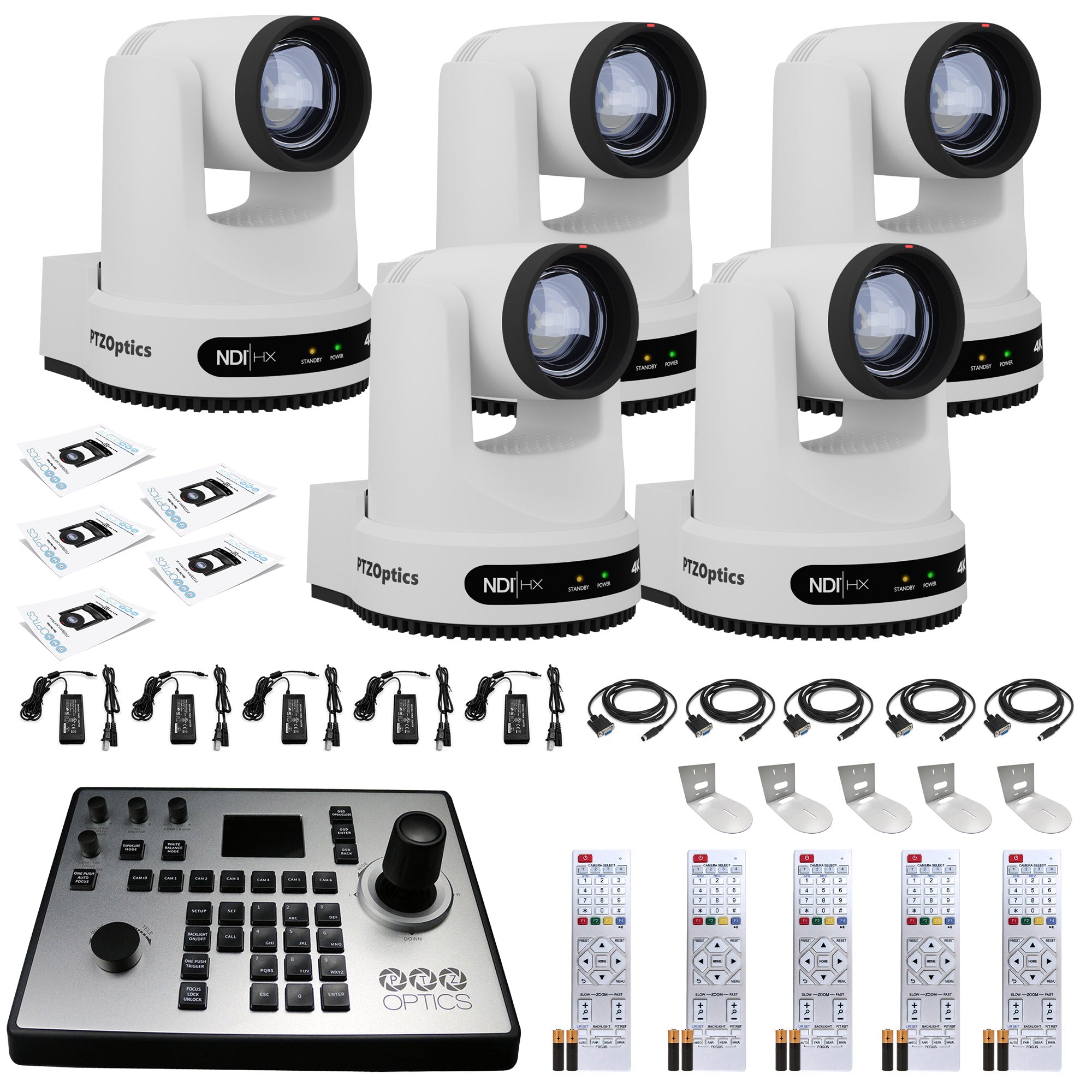 5 x PTZOptics Move 4K PTZ Camera with 20x Zoom White PT20X-4K-WH-G3 + PT-JOY-G4 Controller + 5 x Wall Mount