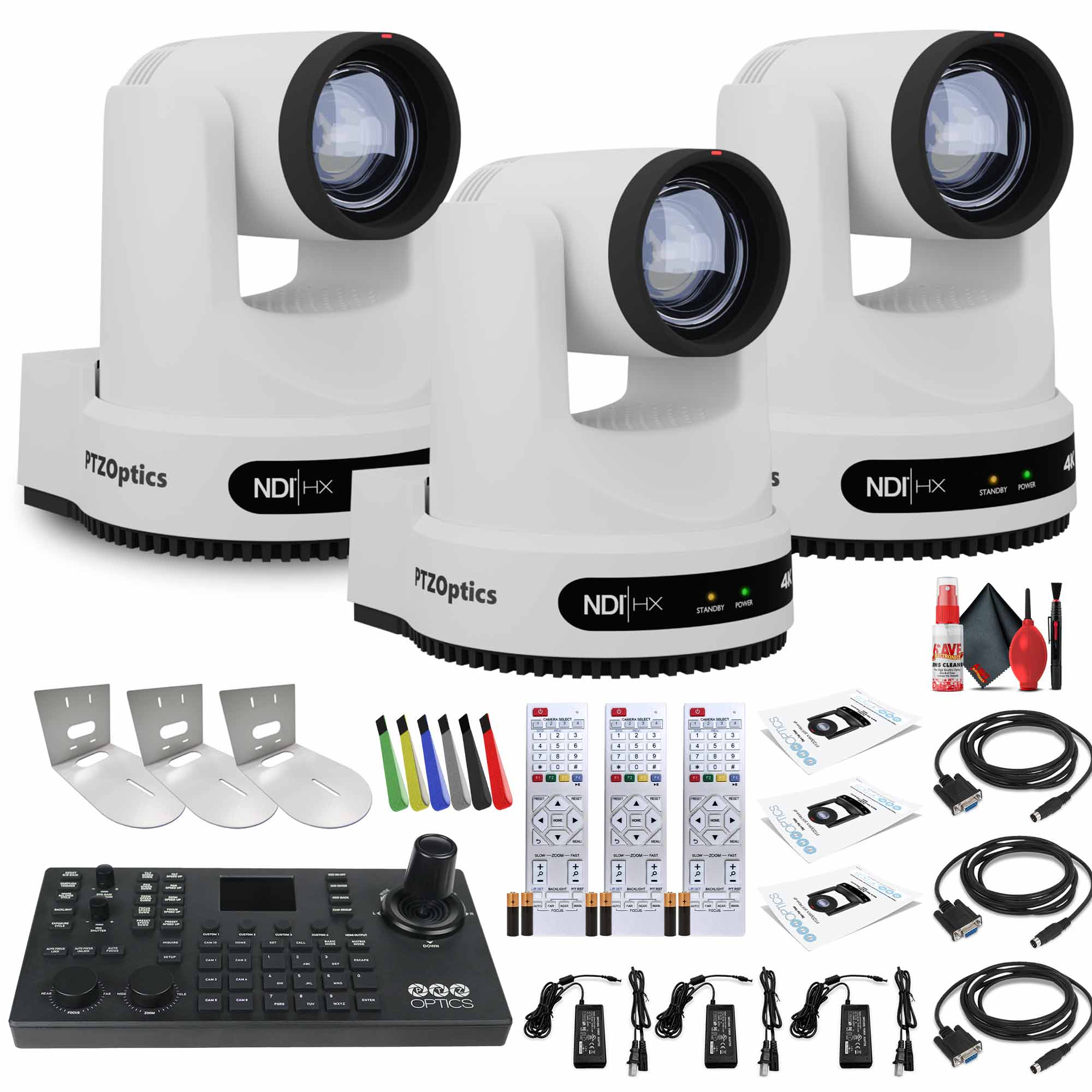 3 x PTZOptics Move 4K PTZ Camera with 20x Zoom White PT20X-4K-WH-G3 + SuperJoy PTZ Controller + 3 x Wall Mount