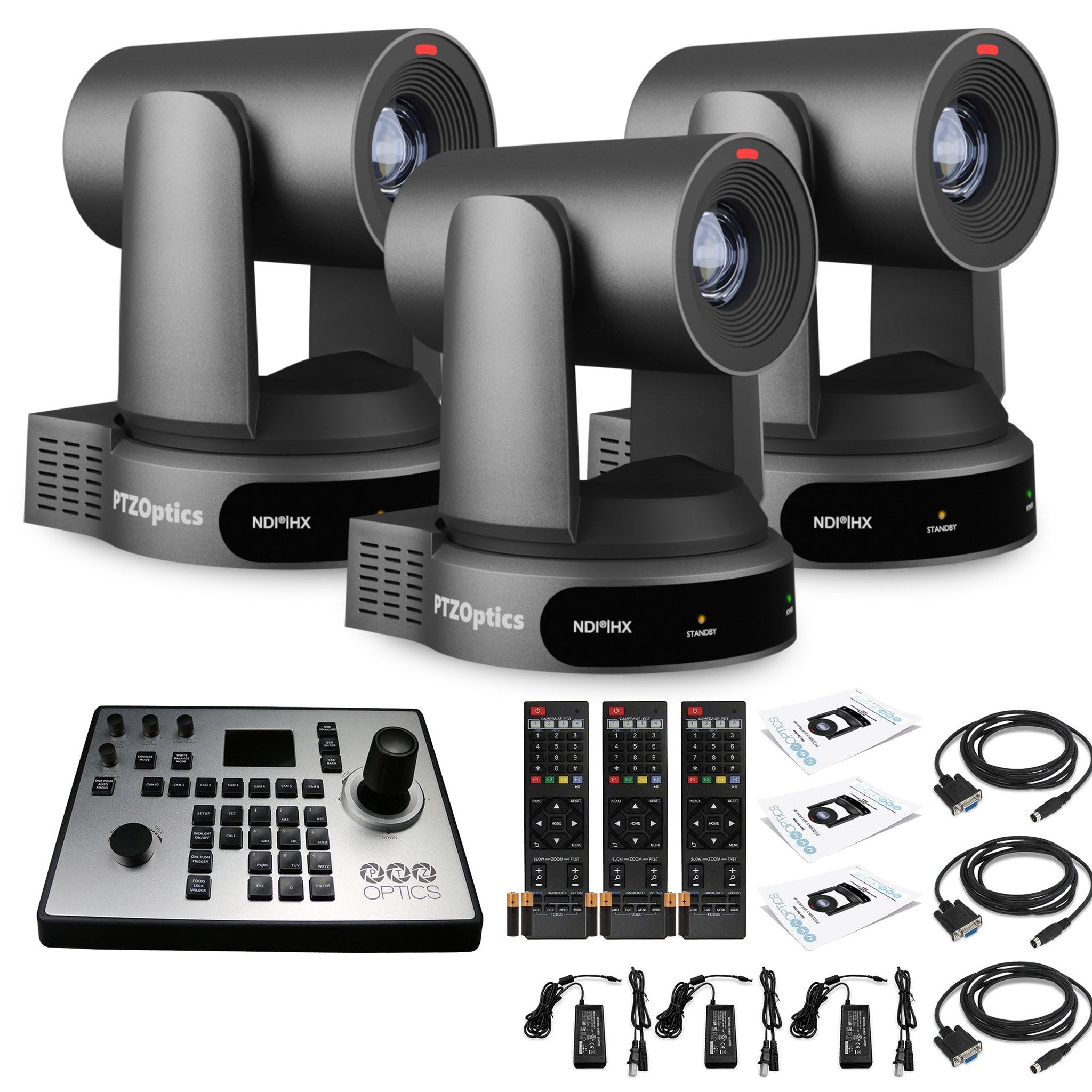 3 x PTZOptics Move 4K PTZ Camera with 30x Zoom Gray PT30X-4K-GY-G3 + PT-JOY-G4 Controller PTZOptics