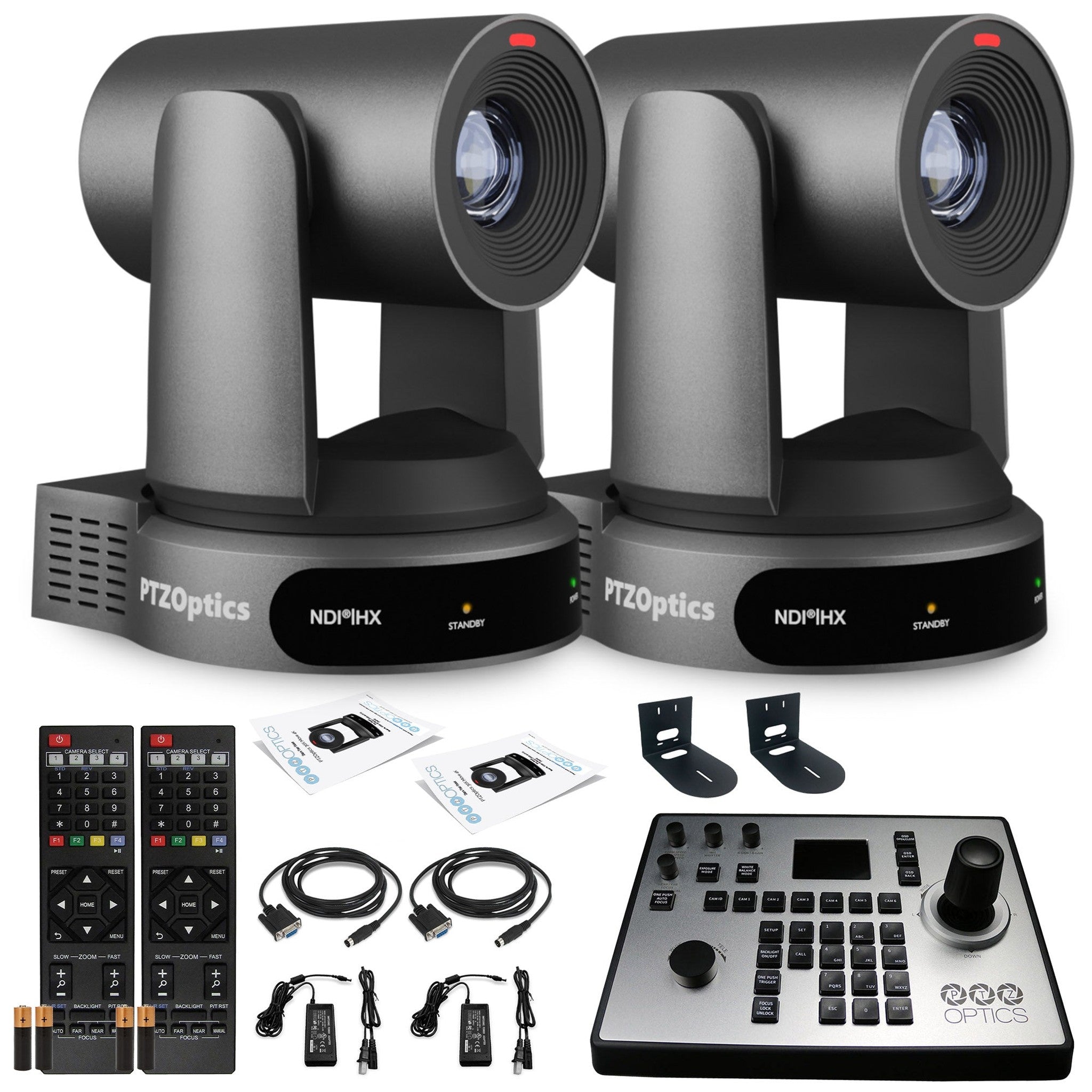 2 x PTZOptics Move 4K PTZ Camera with 30x Zoom Gray PT30X-4K-GY-G3 + PT-JOY-G4 Controller + 2 x Wall Mount