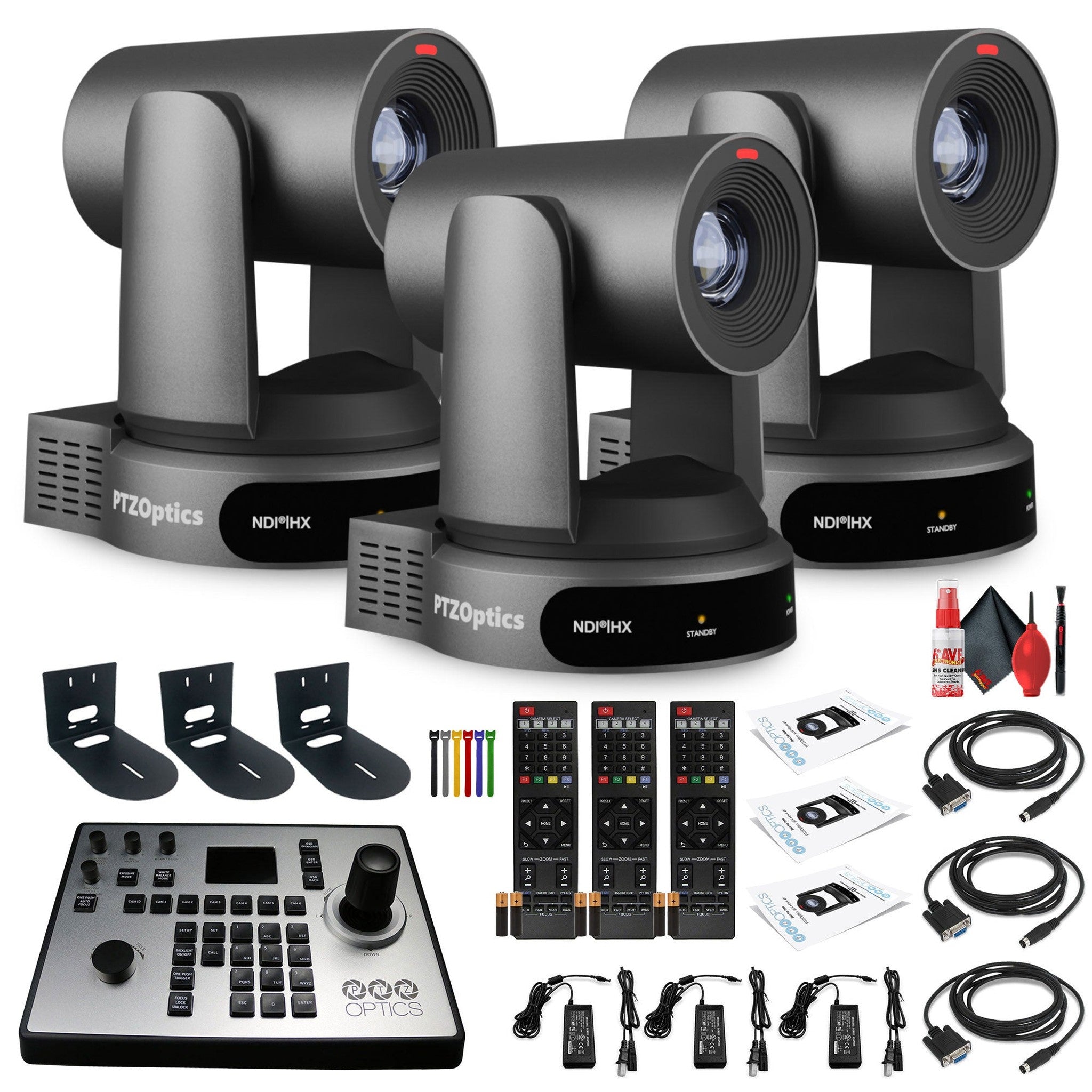 3 x PTZOptics Move 4K PTZ Camera with 30x Zoom Gray PT30X-4K-GY-G3 + PT-JOY-G4 Controller + 3 x Wall Mount