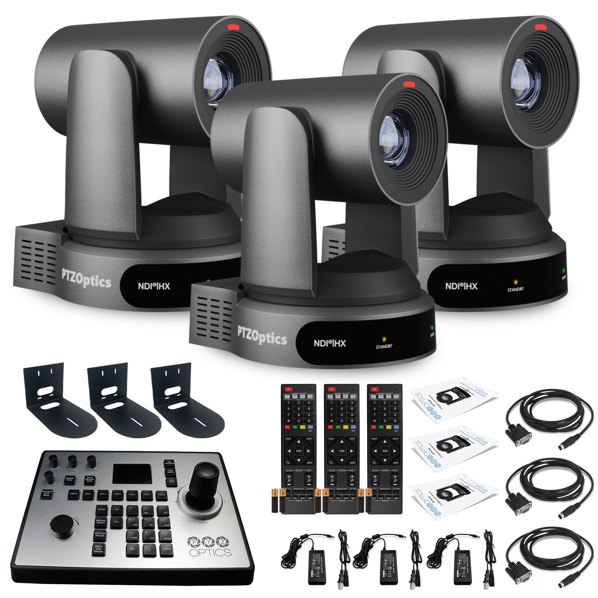 3 x PTZOptics Move 4K PTZ Camera with 30x Zoom (Gray) (PT30X-4K-GY-G3) + PT-JOY-G4 Controller + 3 x Wall Mount