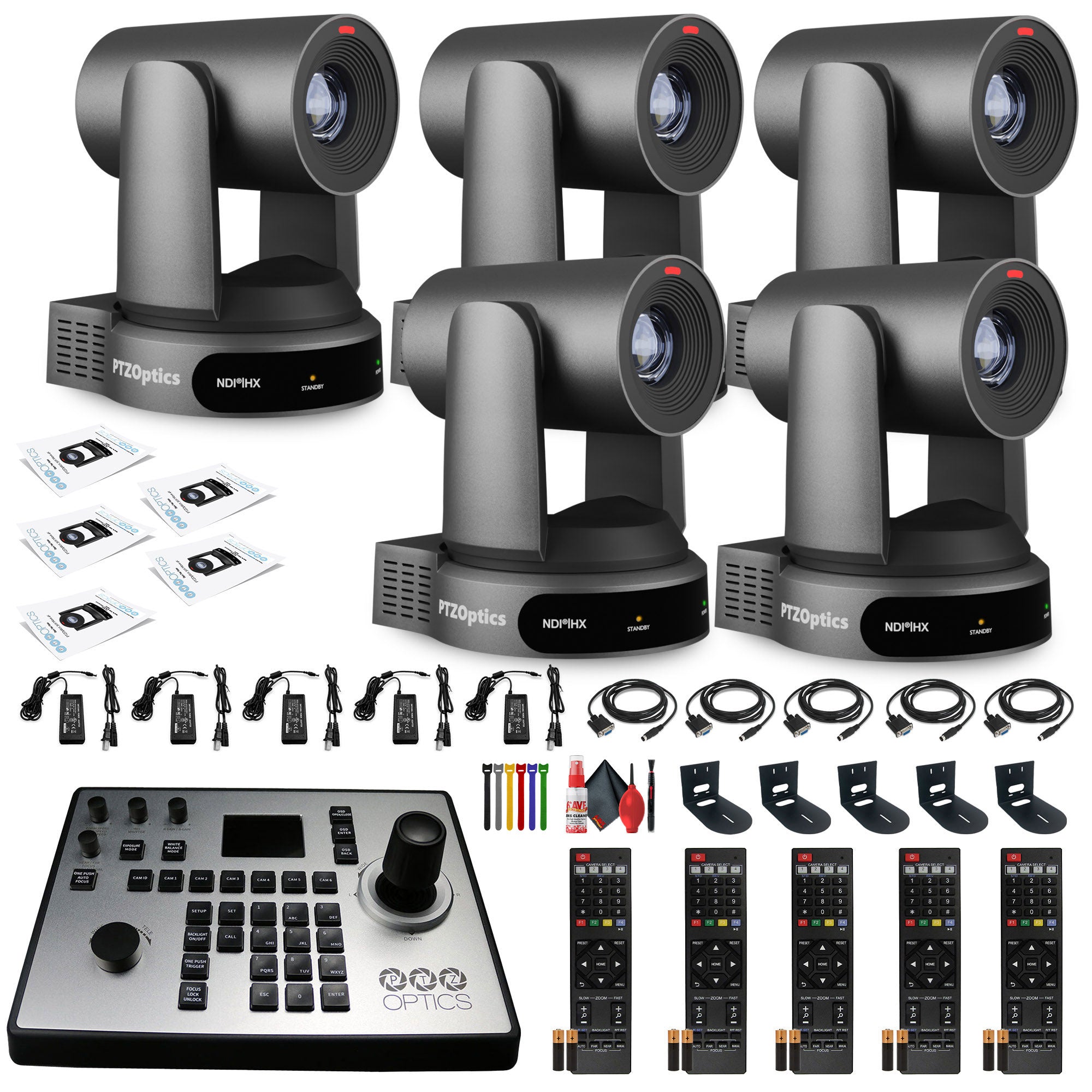 5 x PTZOptics Move 4K PTZ Camera with 30x Zoom Gray PT30X-4K-GY-G3 + PT-JOY-G4 Controller + 5 x Wall Mount