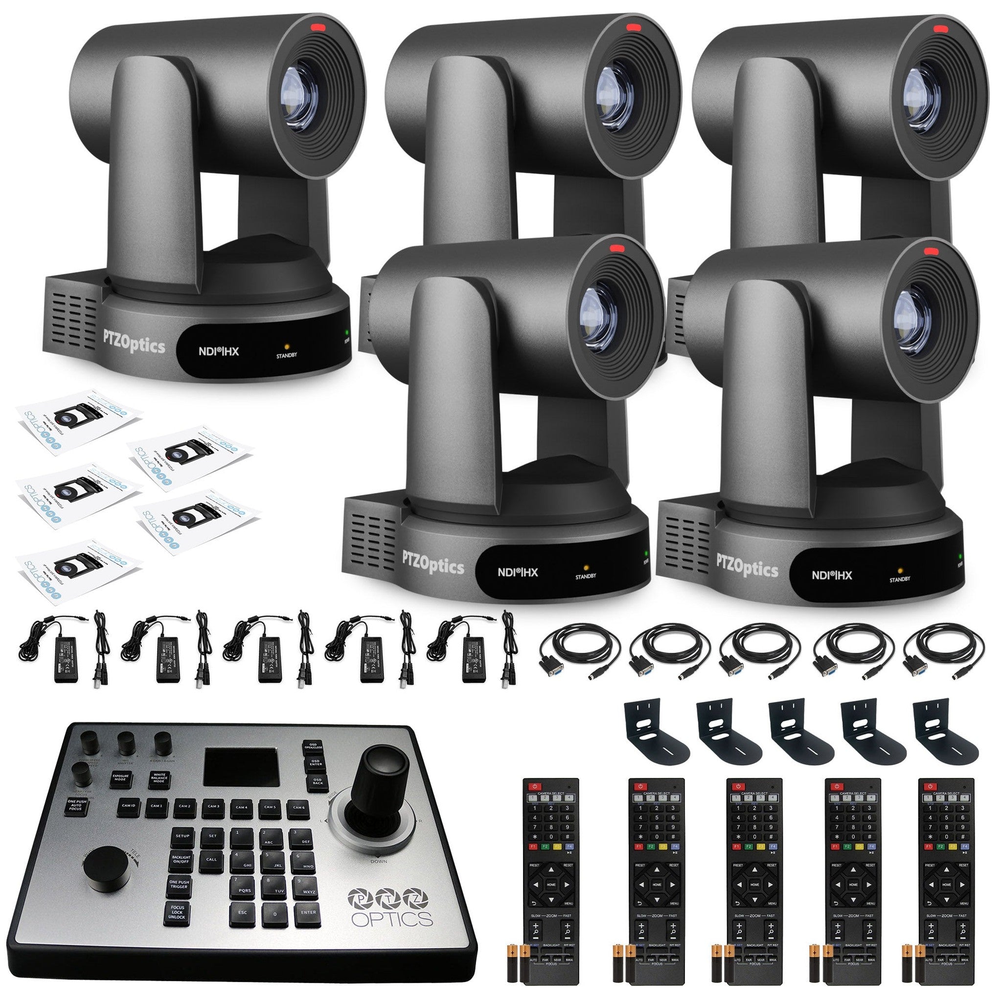 5 x PTZOptics Move 4K PTZ Camera with 30x Zoom Gray PT30X-4K-GY-G3 + PT-JOY-G4 Controller + 5 x Wall Mount