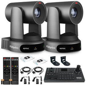 2 x PTZOptics Move 4K PTZ Camera with 30x Zoom Gray PT30X-4K-GY-G3 + SuperJoy PTZ Controller + 2 x Wall Mount