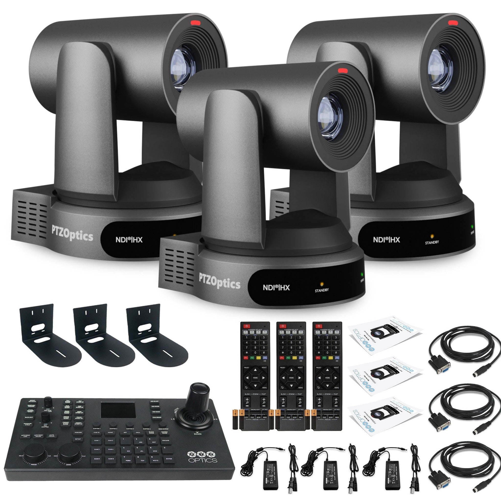 3 x PTZOptics Move 4K PTZ Camera with 30x Zoom Gray PT30X-4K-GY-G3 + SuperJoy PTZ Controller + 3 x Wall Mount PTZOptics