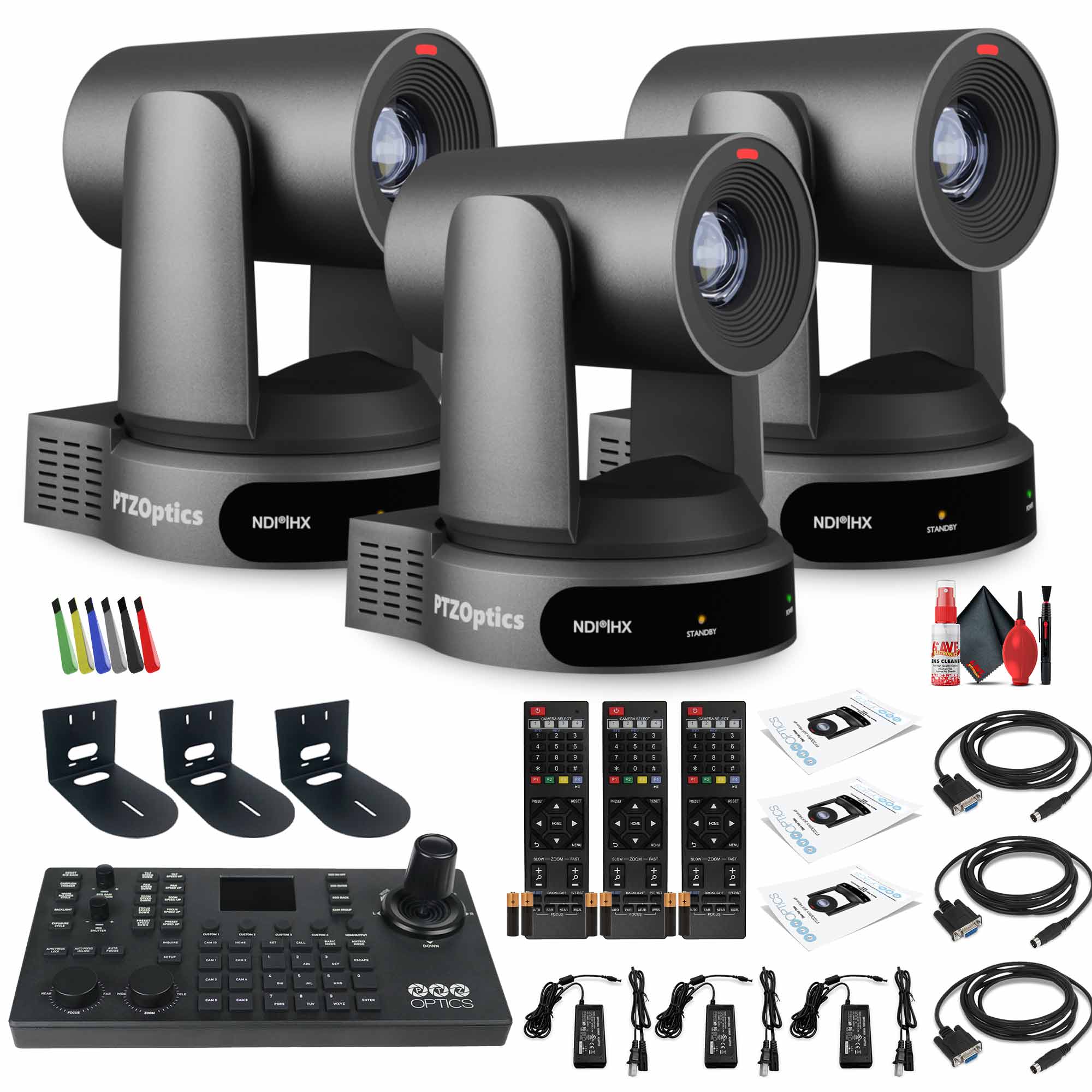 3 x PTZOptics Move 4K PTZ Camera with 30x Zoom (Gray) (PT30X-4K-GY-G3) + SuperJoy PTZ Controller + 3 x Wall Mount