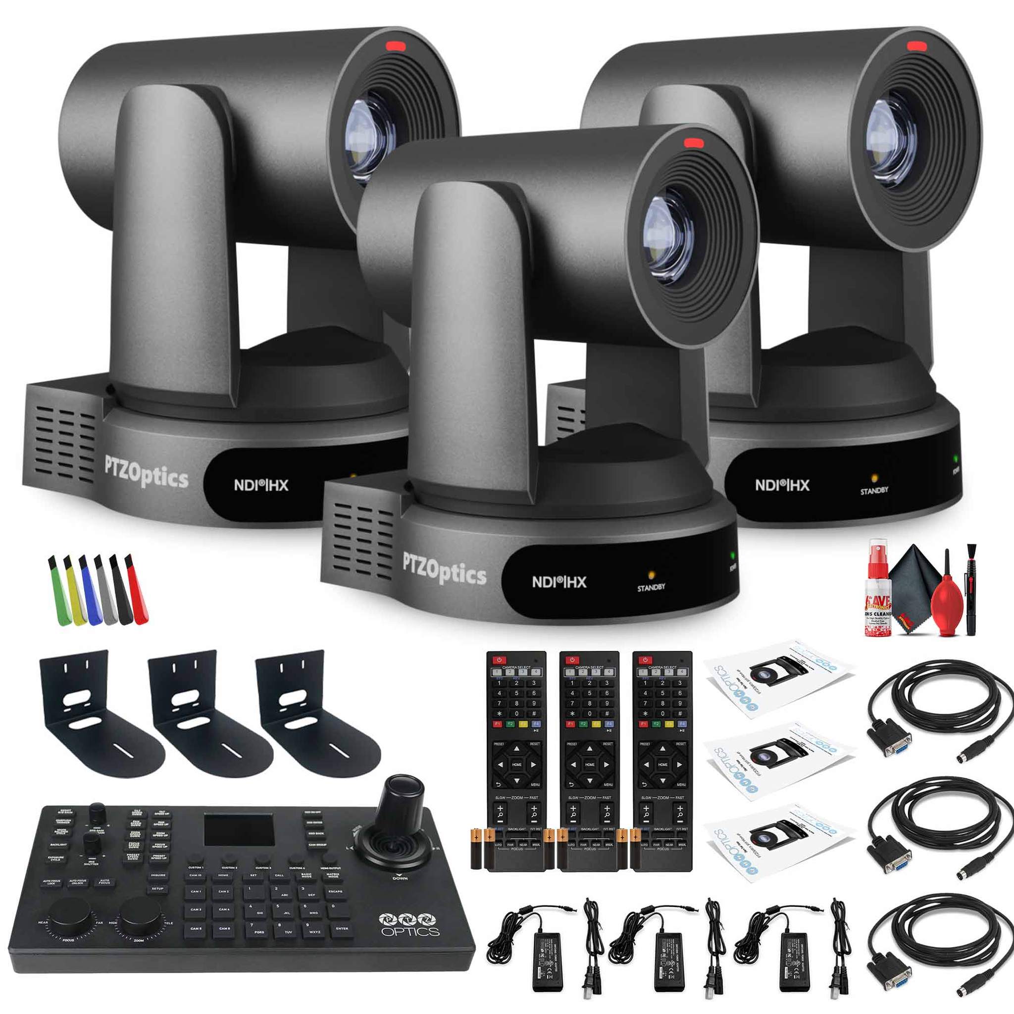 3 x PTZOptics Move 4K PTZ Camera with 30x Zoom Gray PT30X-4K-GY-G3 + SuperJoy PTZ Controller + 3 x Wall Mount