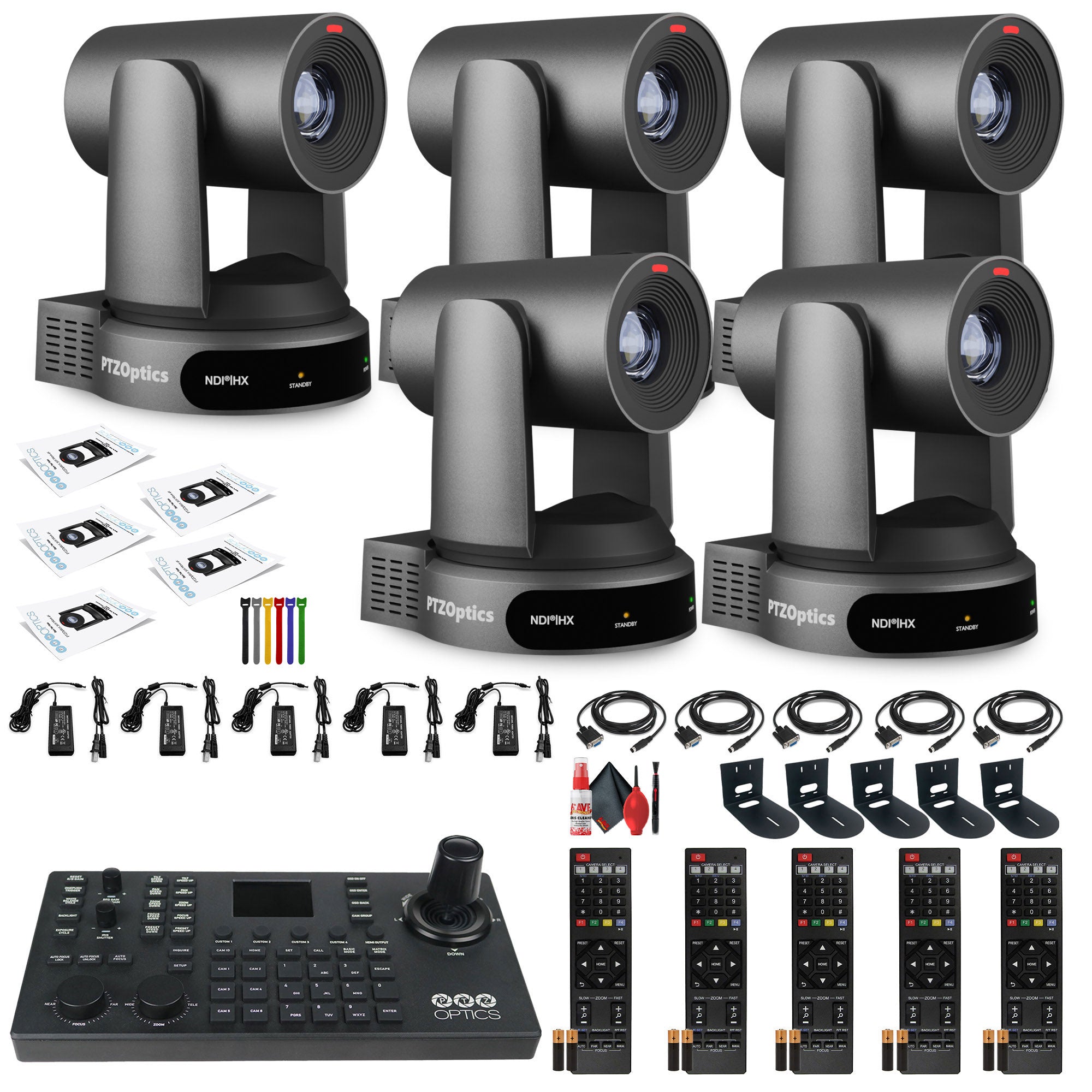 5 x PTZOptics Move 4K PTZ Camera with 30x Zoom Gray PT30X-4K-GY-G3 + SuperJoy PTZ Controller + 5 x Wall Mount