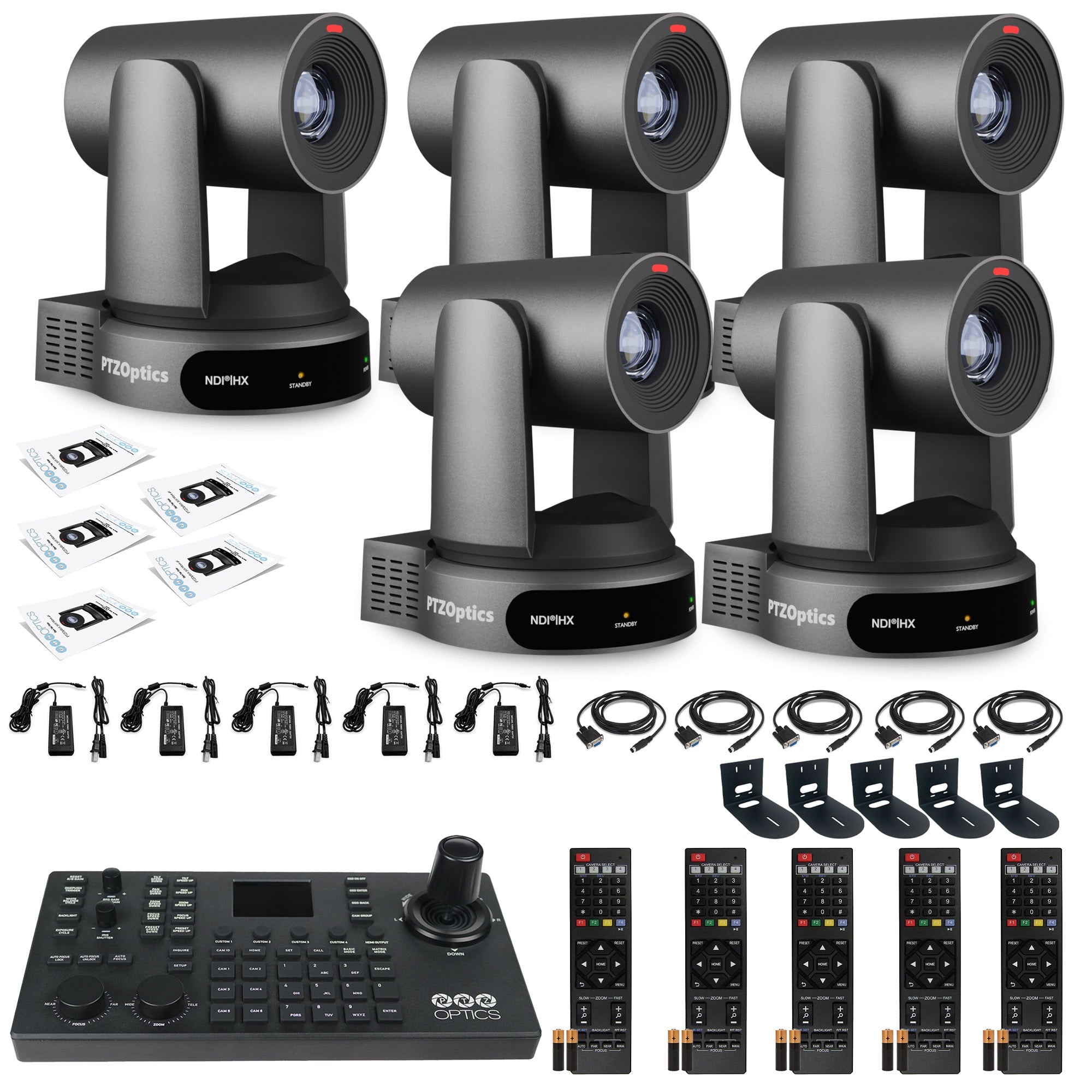 5 x PTZOptics Move 4K PTZ Camera with 30x Zoom (Gray) (PT30X-4K-GY-G3) + SuperJoy PTZ Controller + 5 x Wall Mount