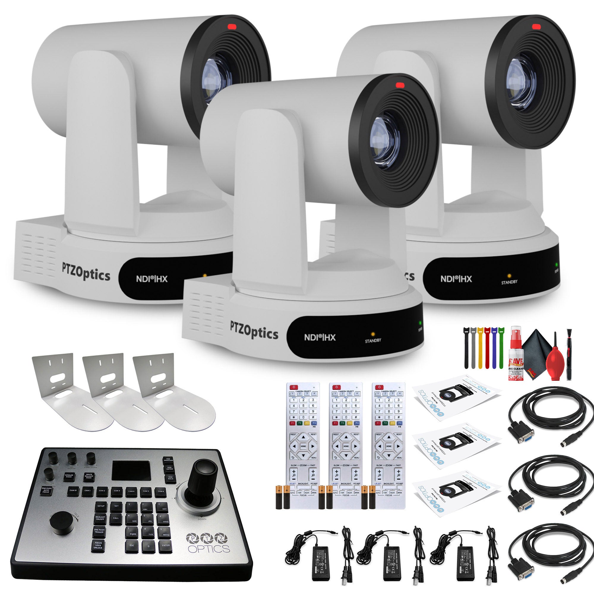 3 x PTZOptics Move 4K PTZ Camera with 30x Zoom White PT30X-4K-WH-G3 + PT-JOY-G4 Controller + 3 x Wall Mount