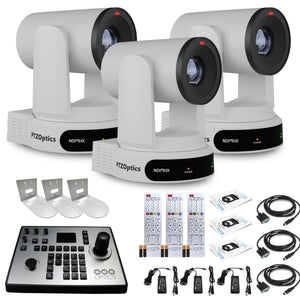 3 x PTZOptics Move 4K PTZ Camera with 30x Zoom White PT30X-4K-WH-G3 + PT-JOY-G4 Controller + 3 x Wall Mount PTZOptics