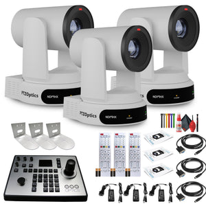 3 x PTZOptics Move 4K PTZ Camera with 30x Zoom White PT30X-4K-WH-G3 + PT-JOY-G4 Controller + 3 x Wall Mount