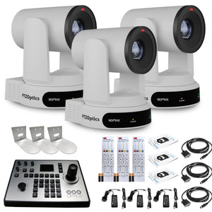 3 x PTZOptics Move 4K PTZ Camera with 30x Zoom White PT30X-4K-WH-G3 + PT-JOY-G4 Controller + 3 x Wall Mount