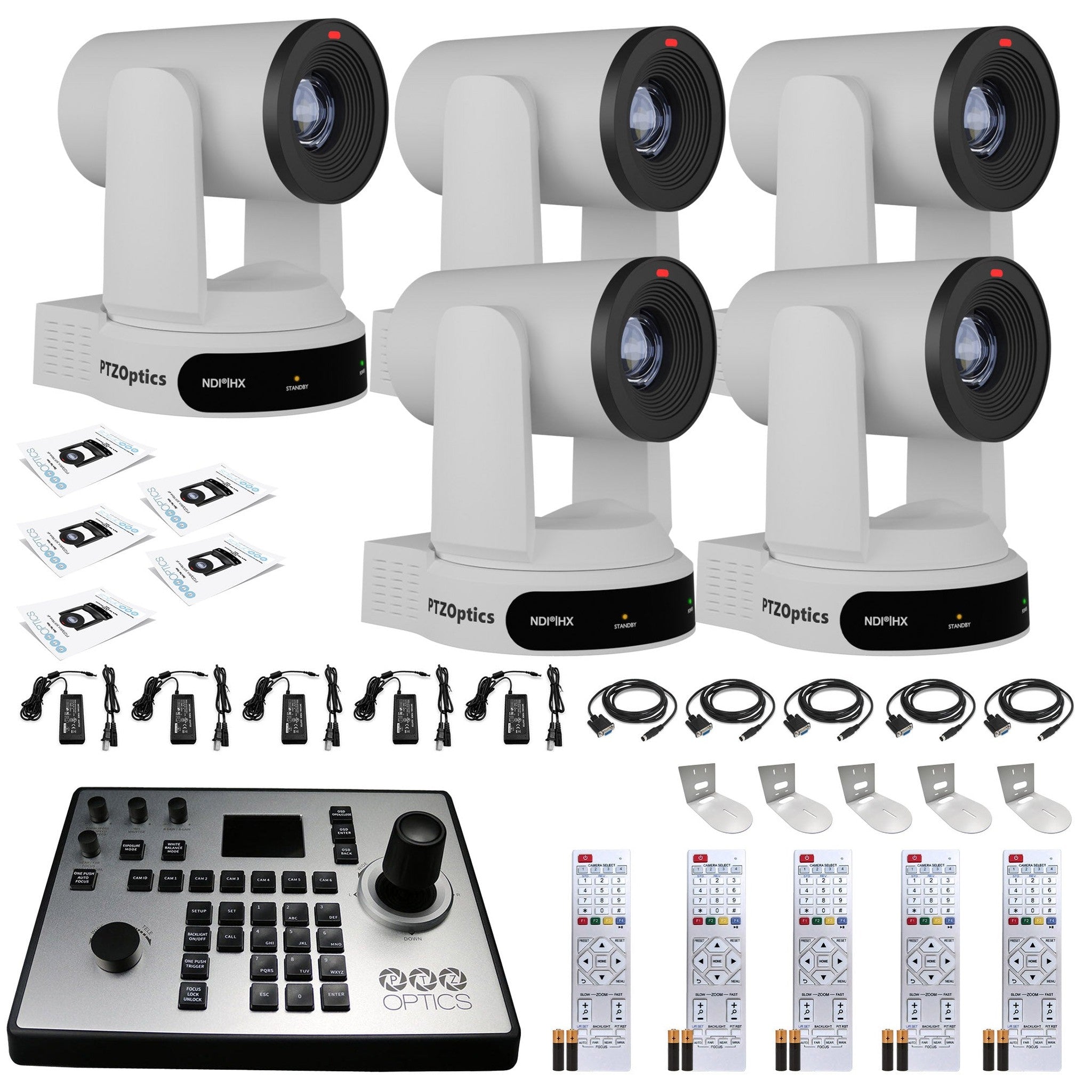 5 x PTZOptics Move 4K PTZ Camera with 30x Zoom White PT30X-4K-WH-G3 + PT-JOY-G4 Controller + 5 x Wall Mount
