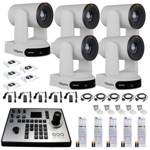 5 x PTZOptics Move 4K PTZ Camera with 30x Zoom White PT30X-4K-WH-G3 + PT-JOY-G4 Controller + 5 x Wall Mount