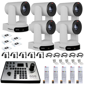 5 x PTZOptics Move 4K PTZ Camera with 30x Zoom White PT30X-4K-WH-G3 + PT-JOY-G4 Controller + 5 x Wall Mount