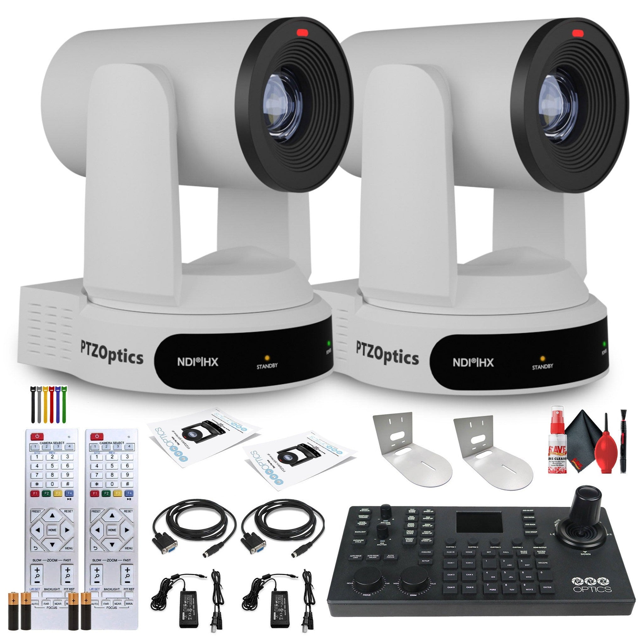2 x PTZOptics Move 4K PTZ Camera with 30x Zoom White PT30X-4K-WH-G3 + SuperJoy PTZ Controller + 2 x Wall Mount