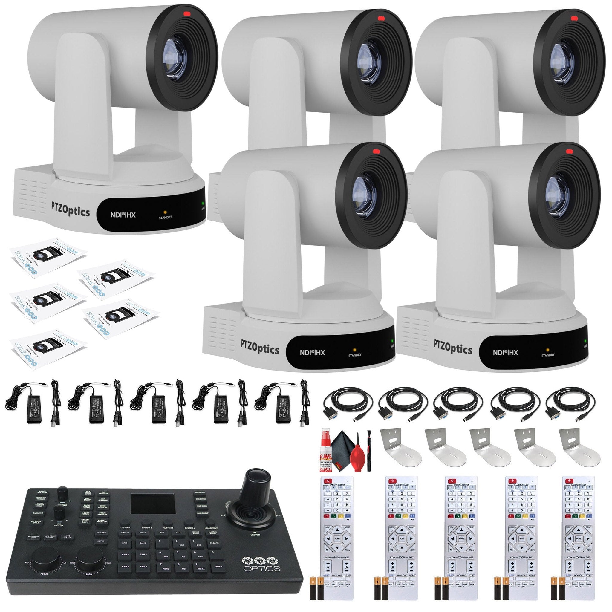 5 x PTZOptics Move 4K PTZ Camera with 30x Zoom White PT30X-4K-WH-G3 + SuperJoy PTZ Controller + 5 x Wall Mount
