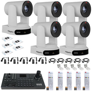 5 x PTZOptics Move 4K PTZ Camera with 30x Zoom White PT30X-4K-WH-G3 + SuperJoy PTZ Controller + 5 x Wall Mount
