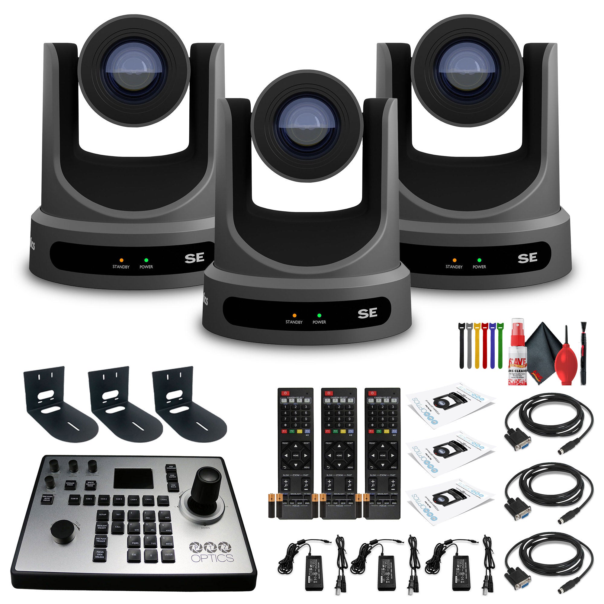 3 x PTZOptics Move SE PTZ Camera with 30x Optical Zoom PT30X-SE-GY-G3 + PT-JOY-G4 Controller + 3 x Wall Mount