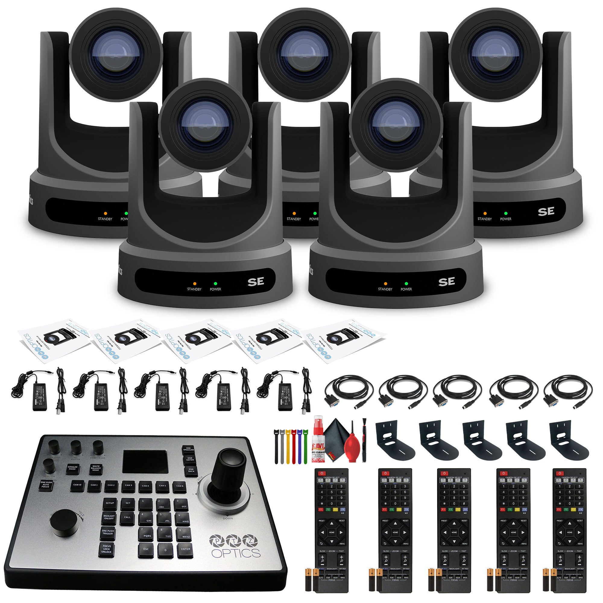 5 x PTZOptics Move SE PTZ Camera with 30x Optical Zoom PT30X-SE-GY-G3 + PT-JOY-G4 Controller + 5 x Wall Mount