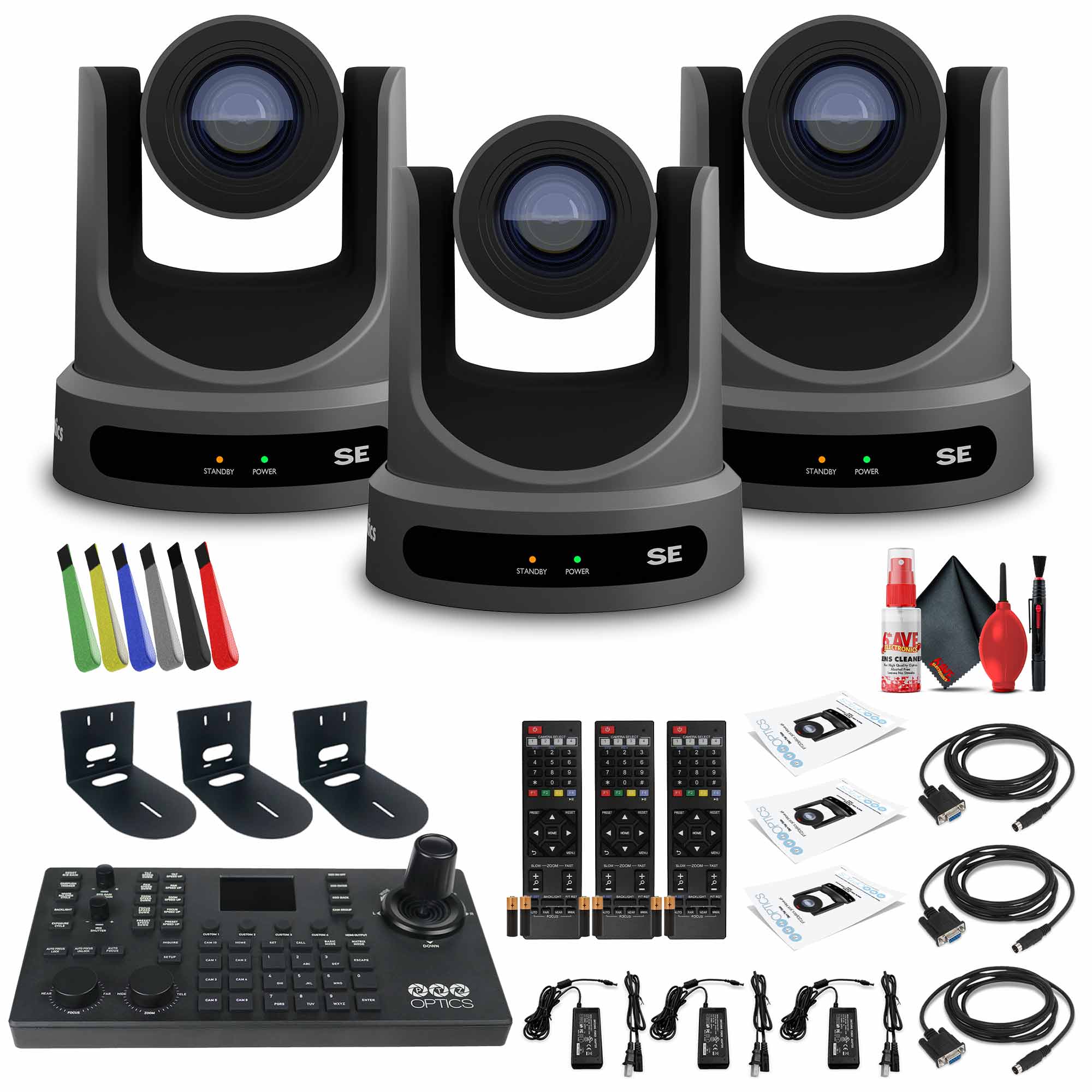3 x PTZOptics Move SE PTZ Camera with 30x Optical Zoom PT30X-SE-GY-G3 + SuperJoy PTZ Controller + 3 x Wall Mount