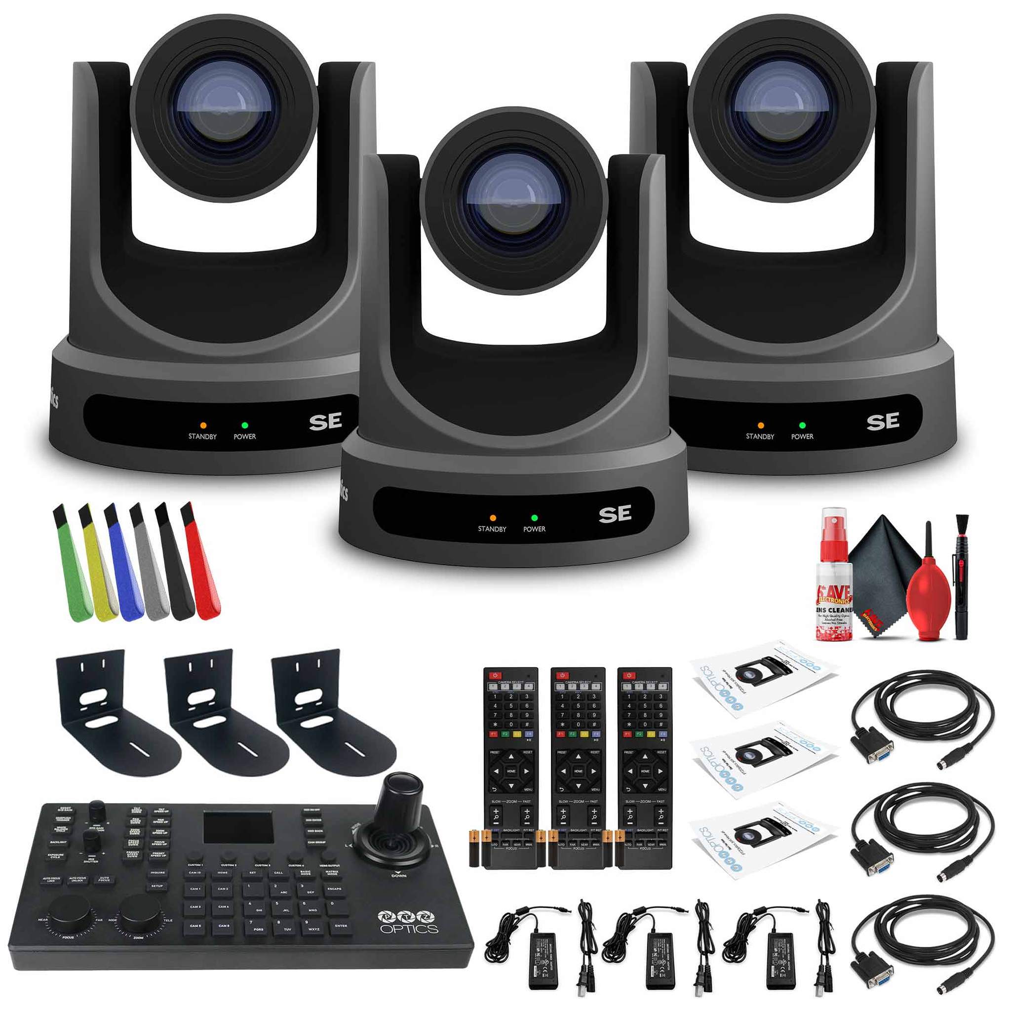 3 x PTZOptics Move SE PTZ Camera with 30x Optical Zoom PT30X-SE-GY-G3 + SuperJoy PTZ Controller + 3 x Wall Mount