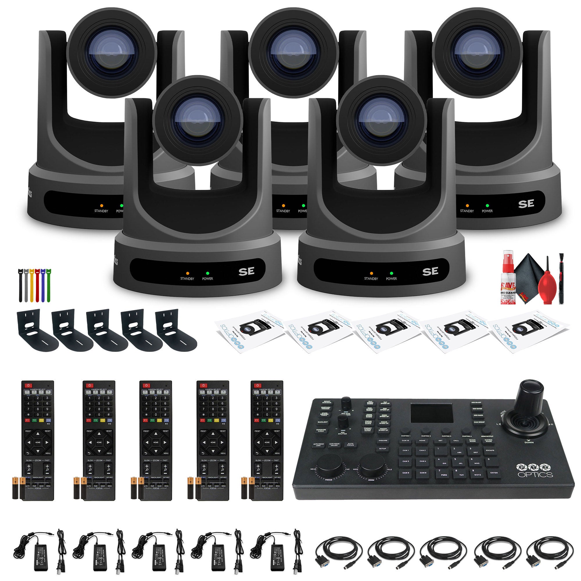 5 x PTZOptics Move SE PTZ Camera with 30x Optical Zoom PT30X-SE-GY-G3 + SuperJoy PTZ Controller + 5 x Wall Mount