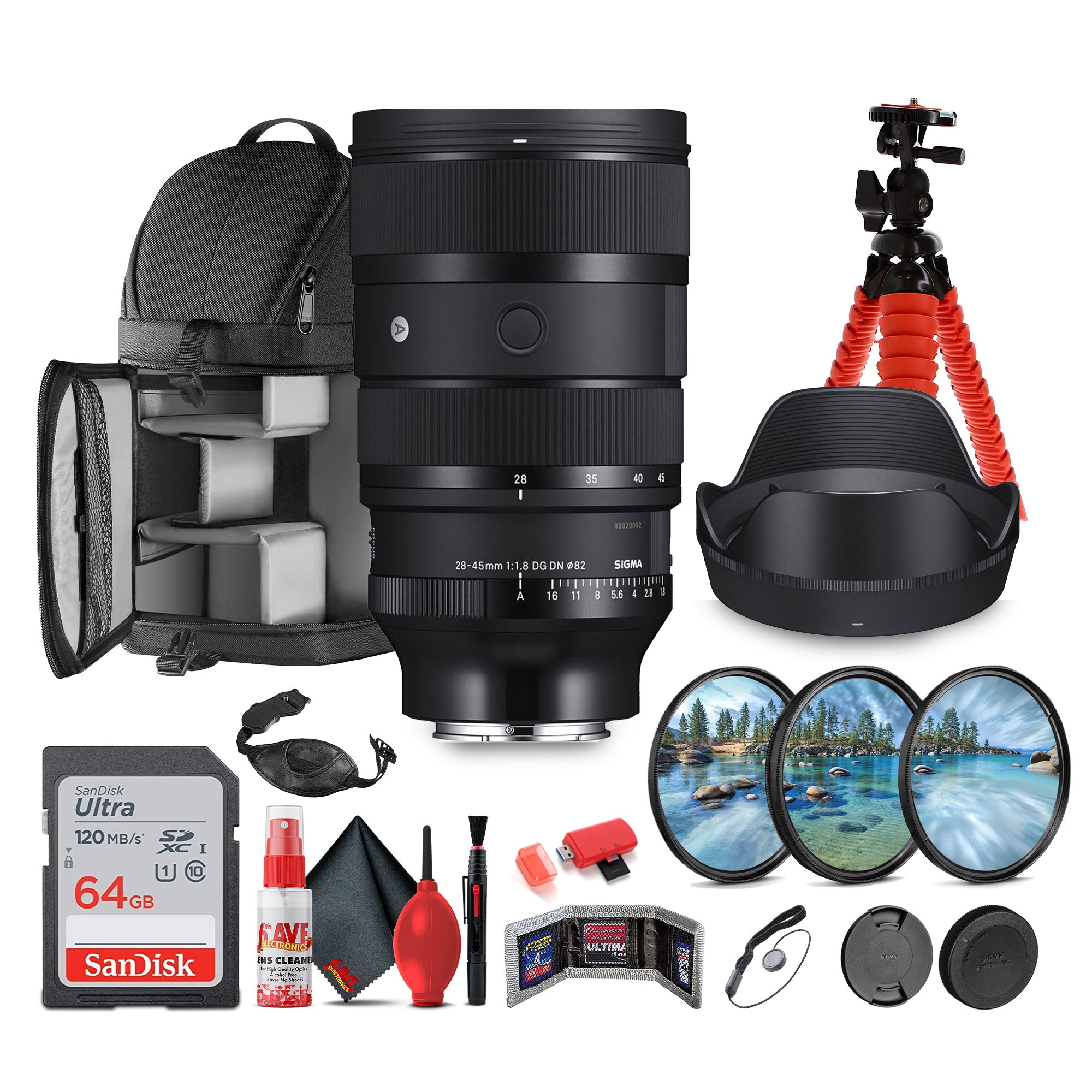Sigma 28-45mm f/1.8 DG DN Art Lens (Sony E) + Sling Backpack + Lens Filter Kit + More