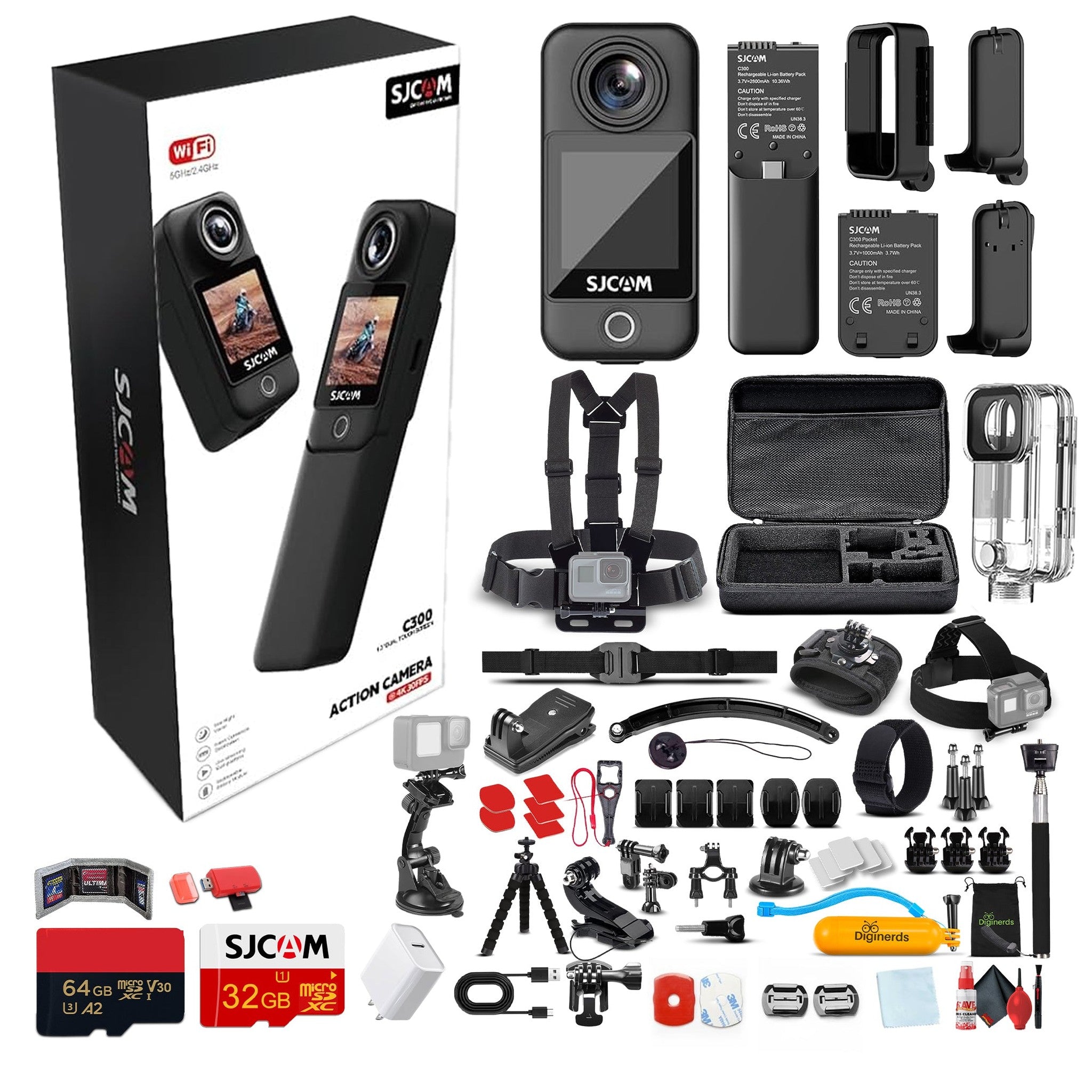 SJCAM C300 4K Dual Touchscreen Action Camera Accessory Bundle SJCAM