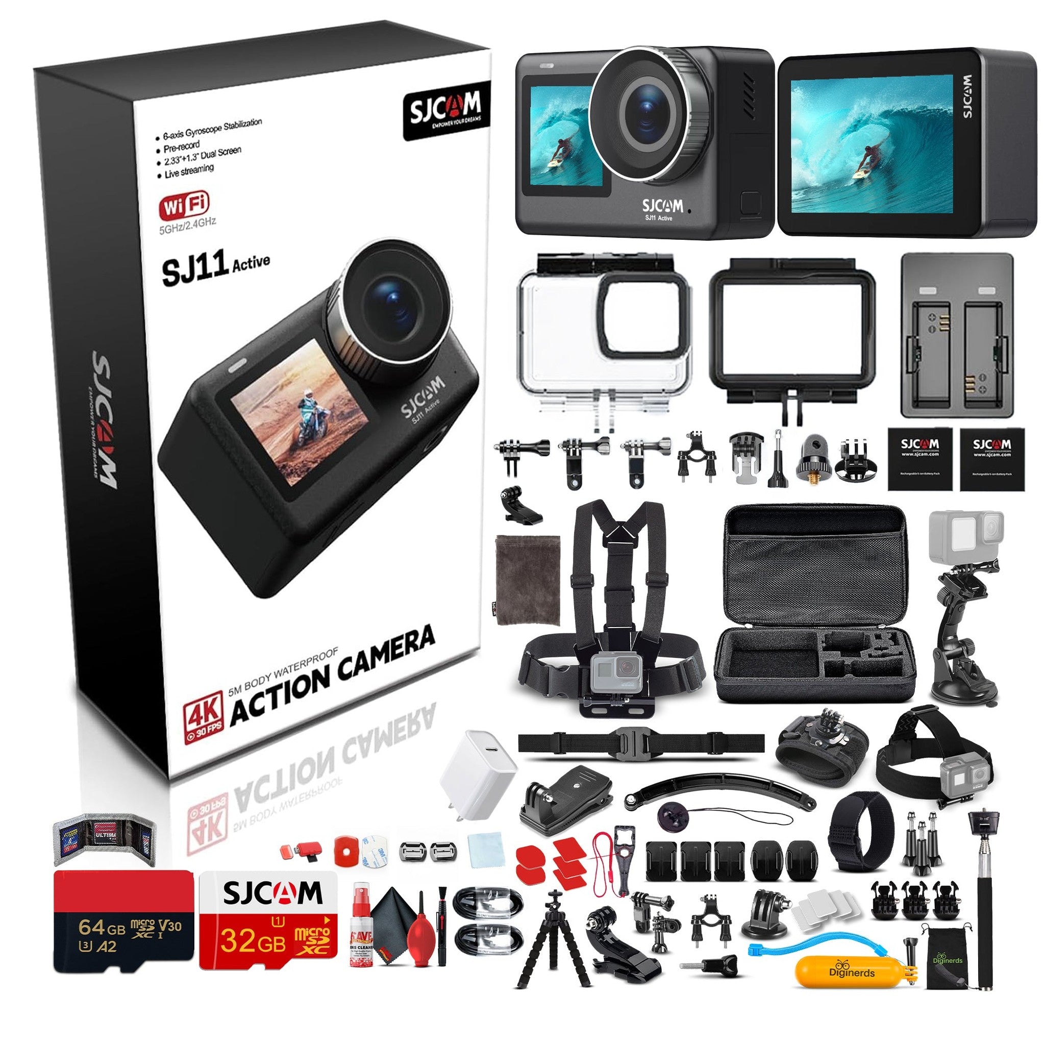 SJCAM SJ11 Active 4K Dual Touchscreen Action Camera Accessory Bundle SJCAM