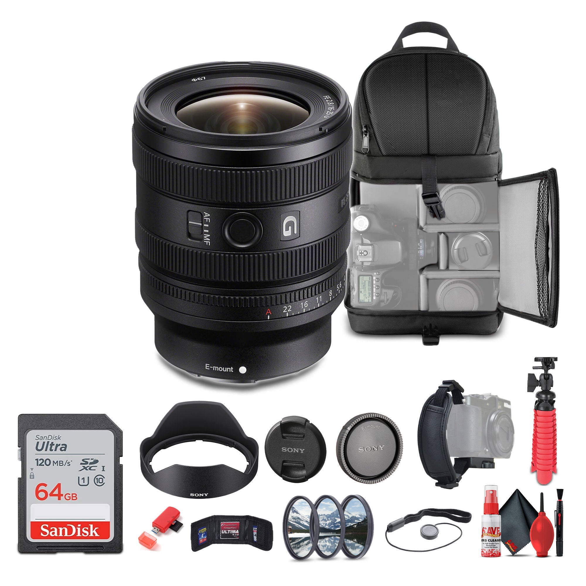 Sony FE 16-25mm f/2.8 G Lens (Sony E) (SEL1625G) + 64GB Card + Filter Kit + More - Bundle
