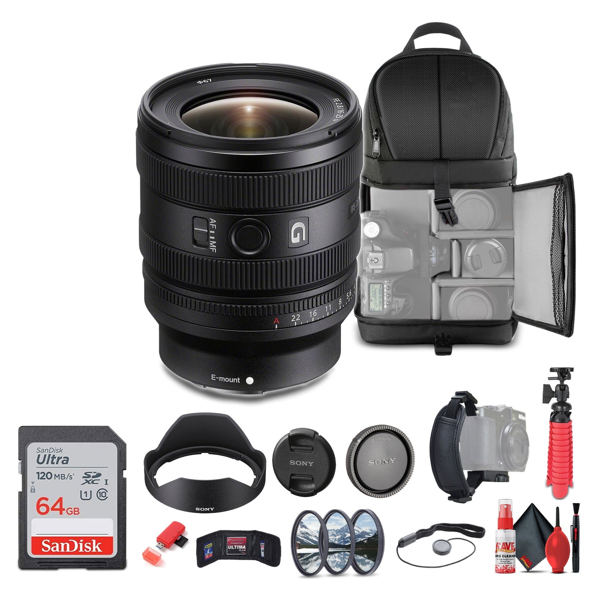 Sony FE 16-25mm f/2.8 G Lens Sony E SEL1625G + 64GB Card + Filter Kit + More - Bundle Sony