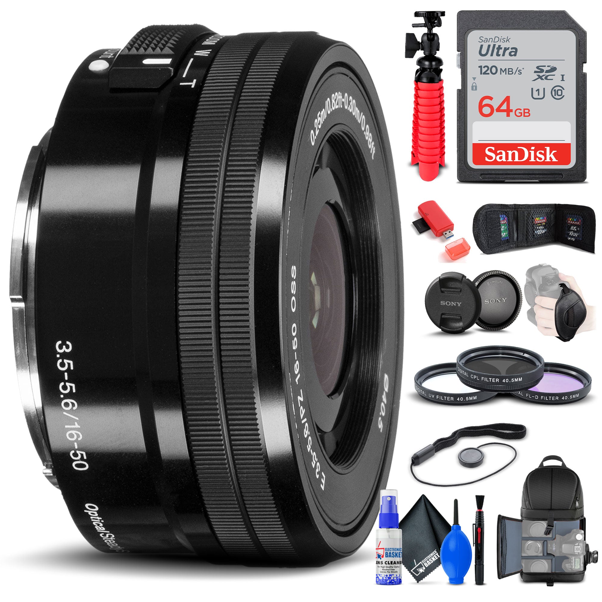 Sony E PZ 16-50mm f/3.5-5.6 OSS Lens + Filter Kit + BackPack + 64GB Card + More