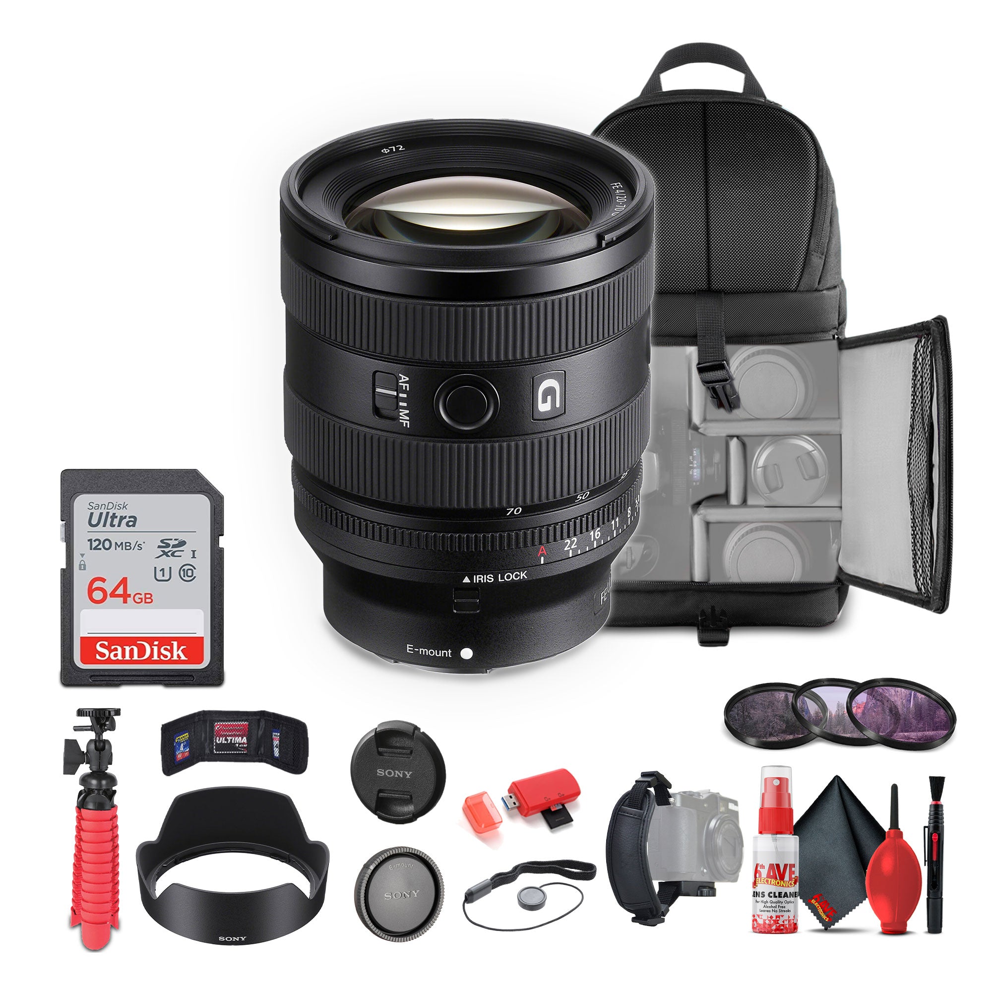 Sony FE 20-70mm f/4 G Lens Sony E SEL2070G + 64GB Memory Card + More - Bundle