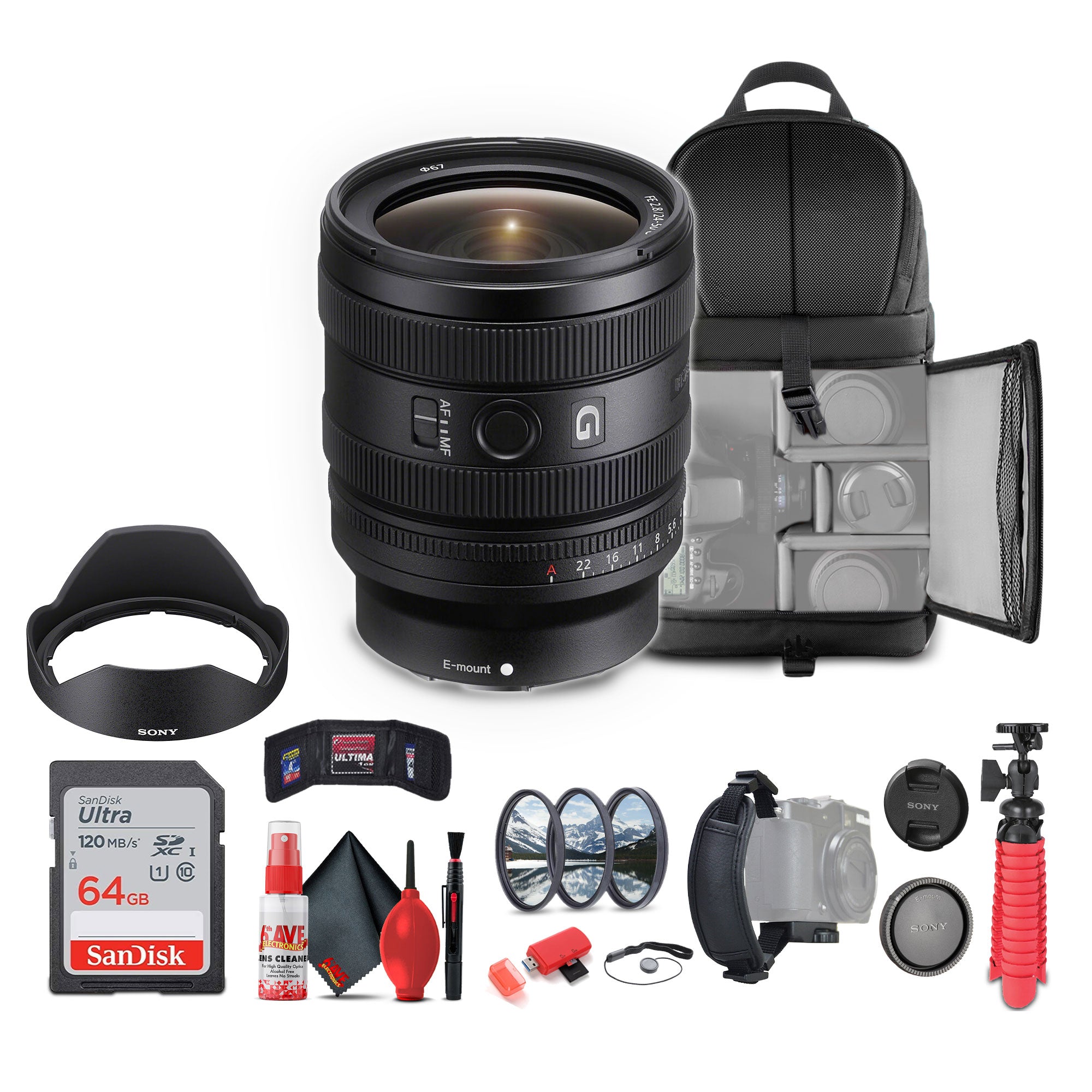 Sony FE 24-50mm f/2.8 G Lens (Sony E) (SEL2450G) + 64GB Memory Card + More - Bundle