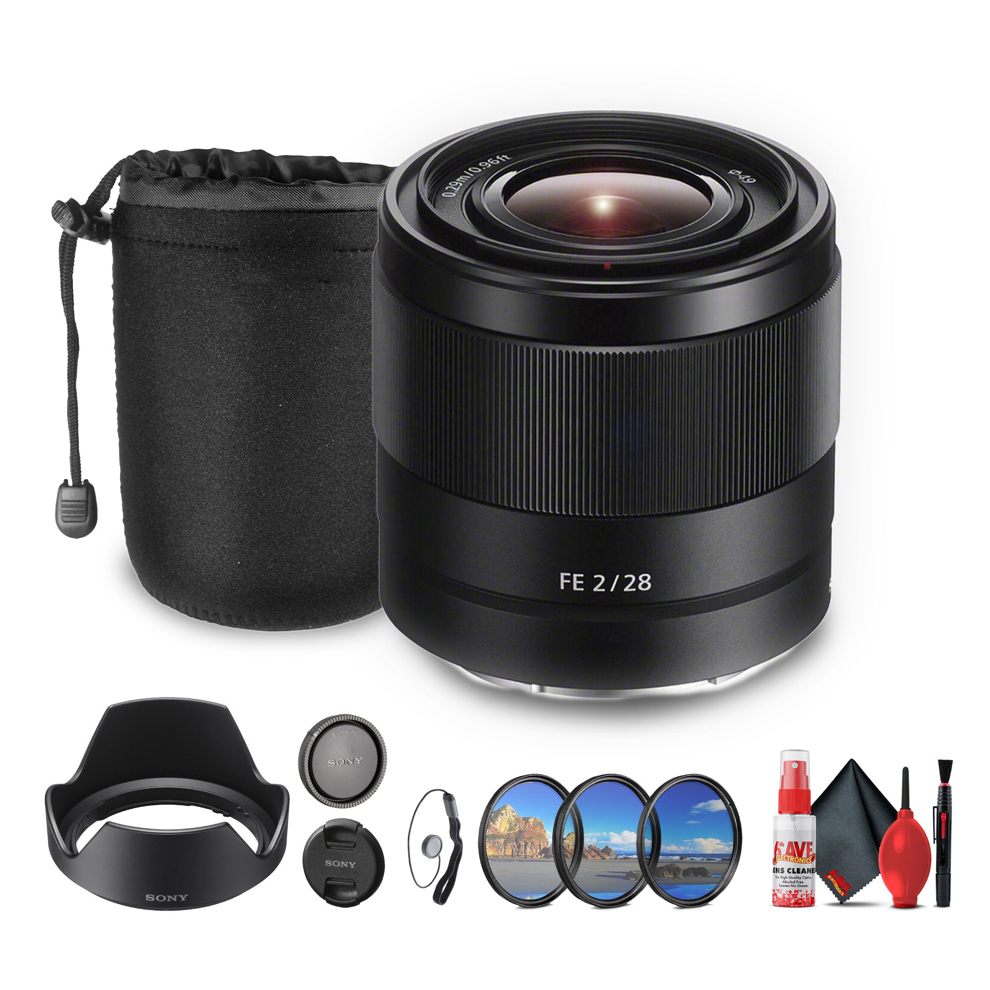 Sony FE 28mm f/2 Lens SEL28F20 + Filter Kit + Lens Pouch + Cap Keeper + More - Bundle