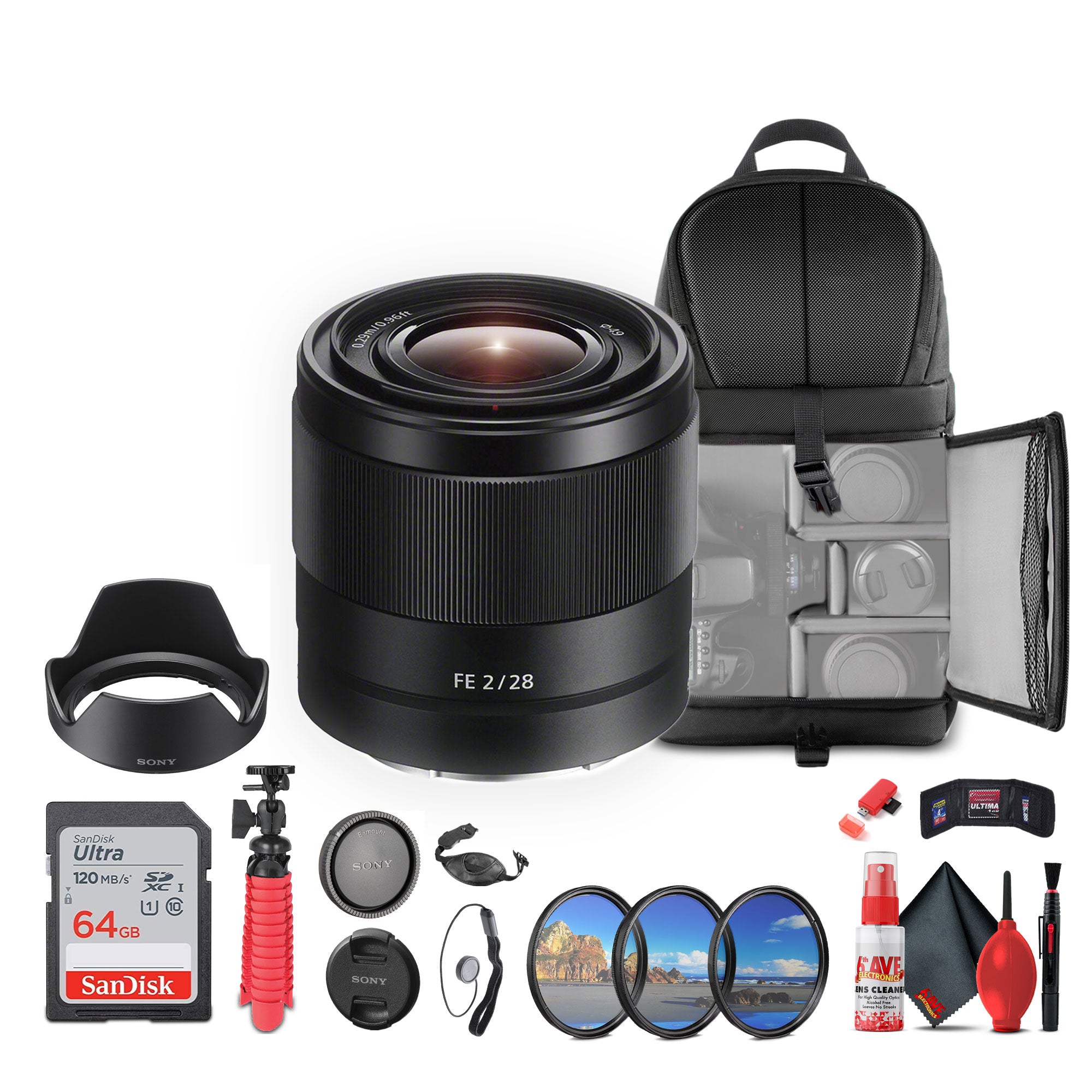Sony FE 28mm f/2 Lens SEL28F20 + 64GB Card + Filter Kit + Backpack + More - Bundle