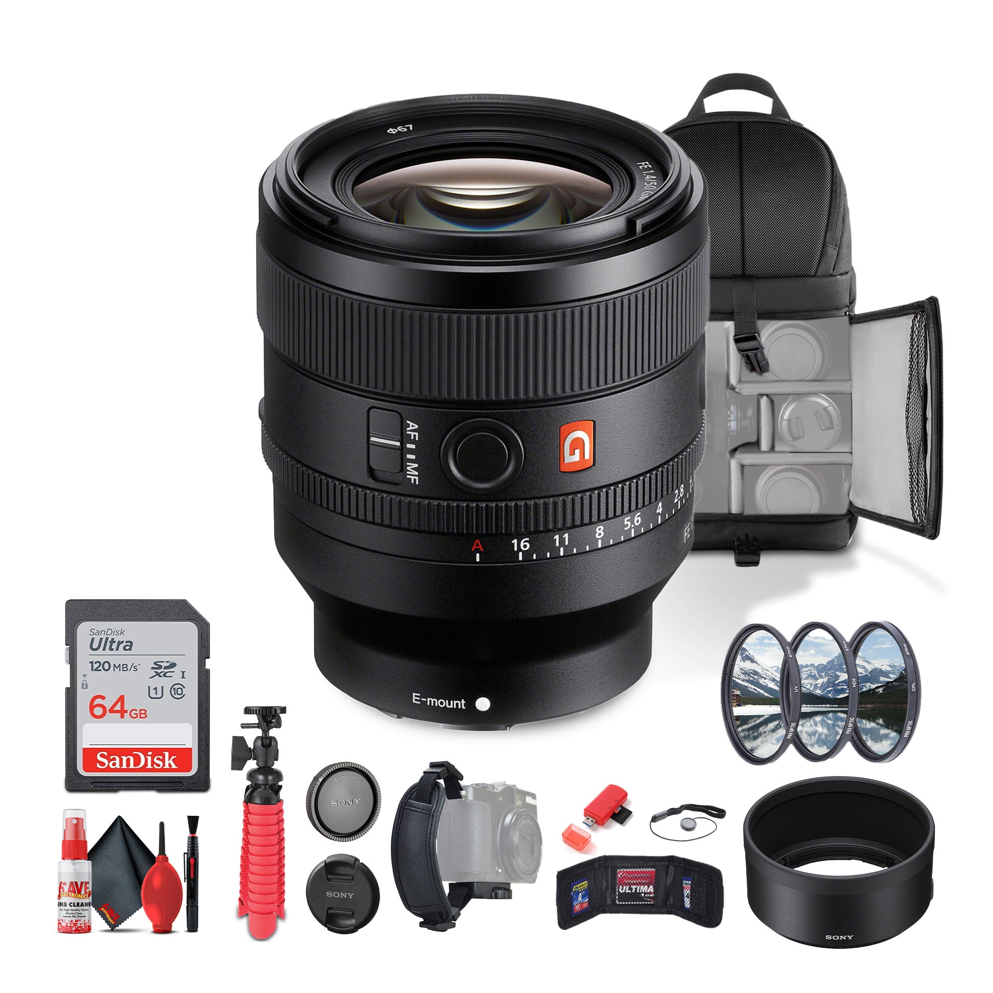 Sony FE 50mm f/1.4 GM Lens Sony E SEL50F14GM + 64GB Card + Filter Kit + More - Bundle
