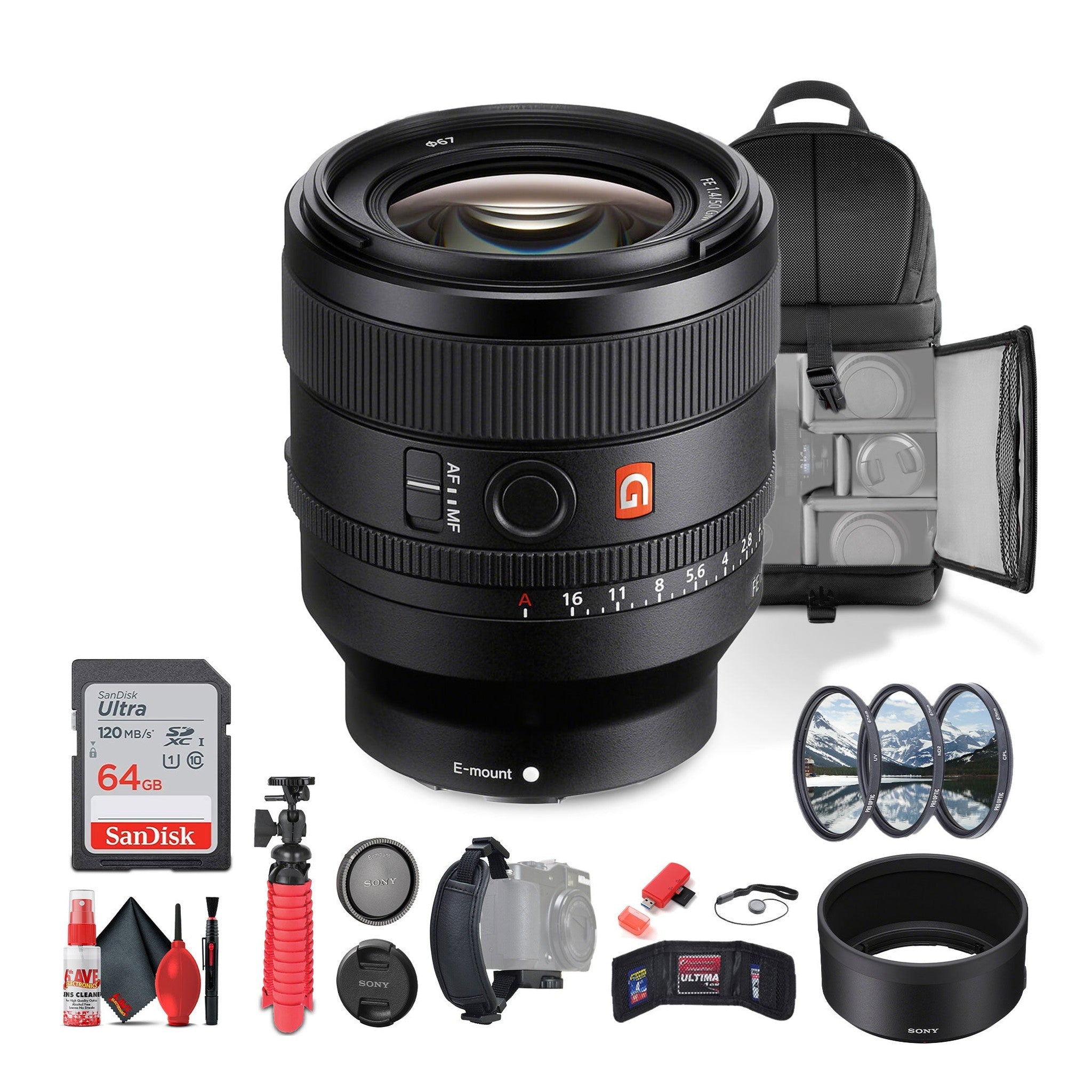 Sony FE 50mm f/1.4 GM Lens Sony E SEL50F14GM + 64GB Card + Filter Kit + More - Bundle Sony