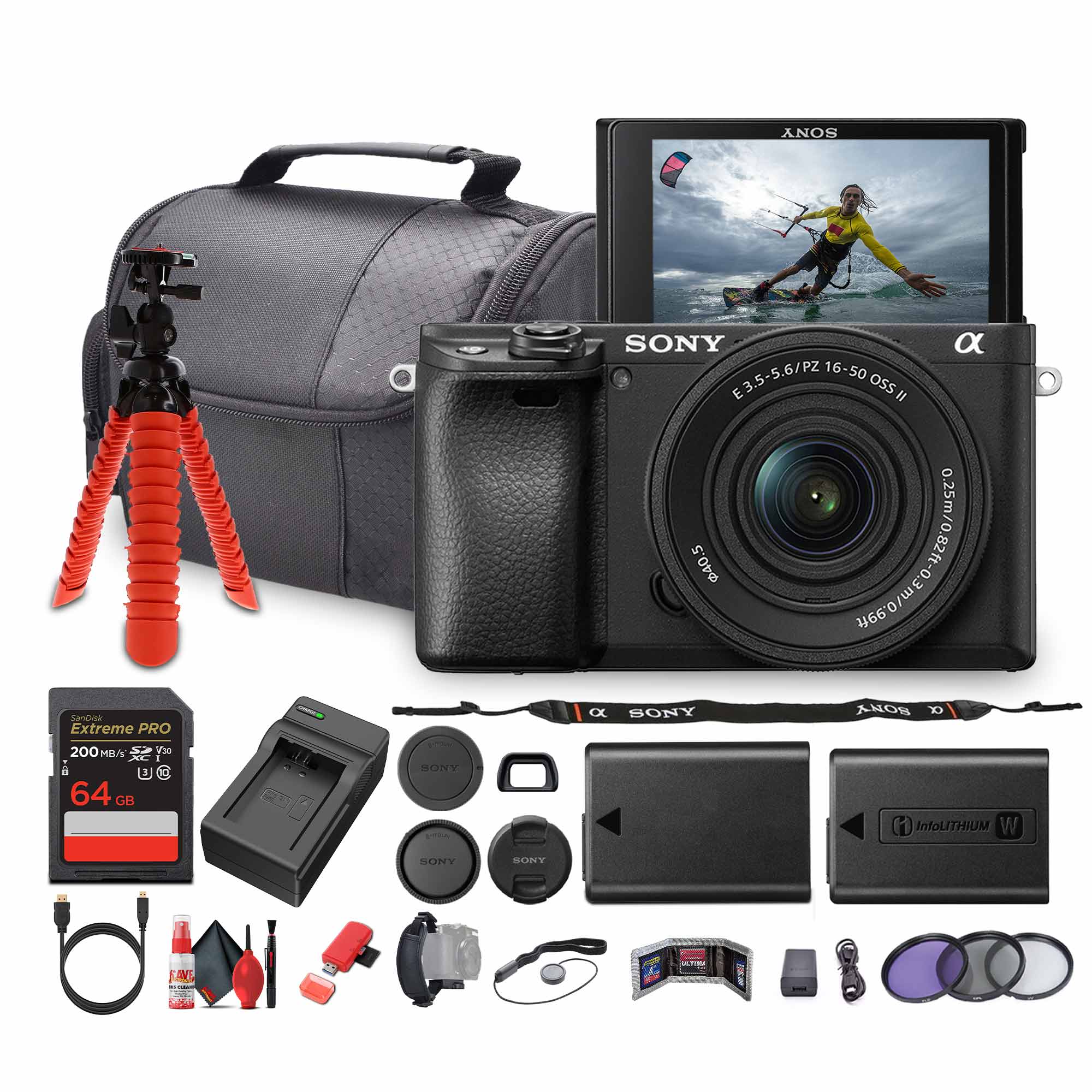 Sony a6100 Mirrorless Camera with 16-50mm f/3.5-5.6 II Lens + 64GB Memory Card - Bundle