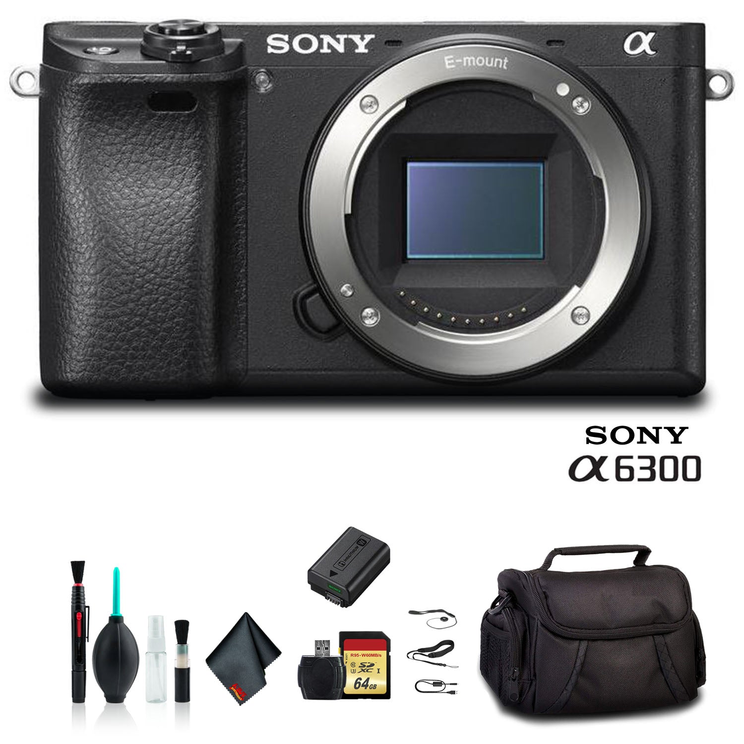 Sony Alpha a6300 Mirrorless Camera Black ILCE6300/B With Soft Bag, 64GB Memory Card, Card Reader , Plus Essential Accessories