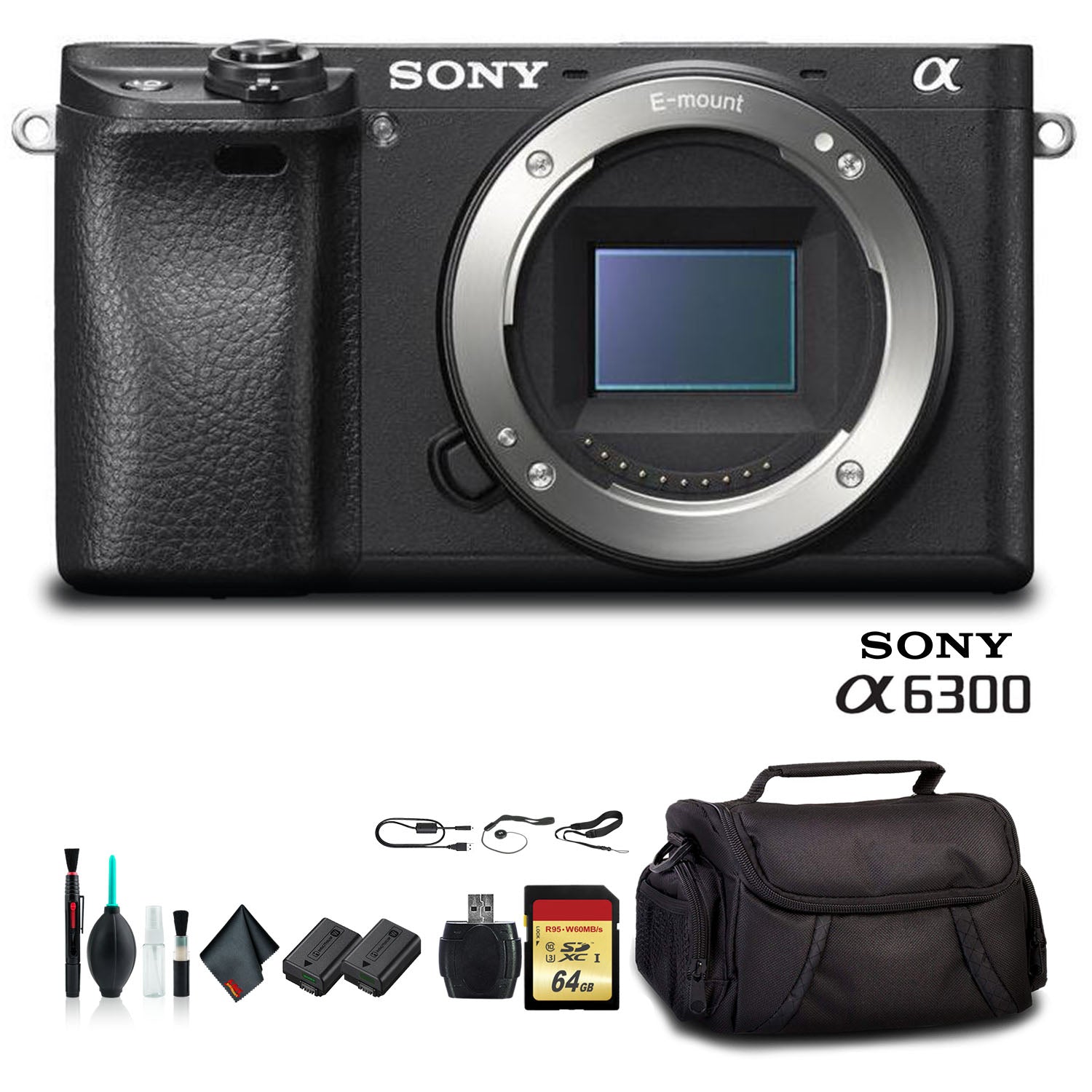 Sony Alpha a6300 Mirrorless Camera Black ILCE6300/B With Soft Bag, Additional Battery, 64GB Memory Card, Card Reader , Plus Essential Accessories