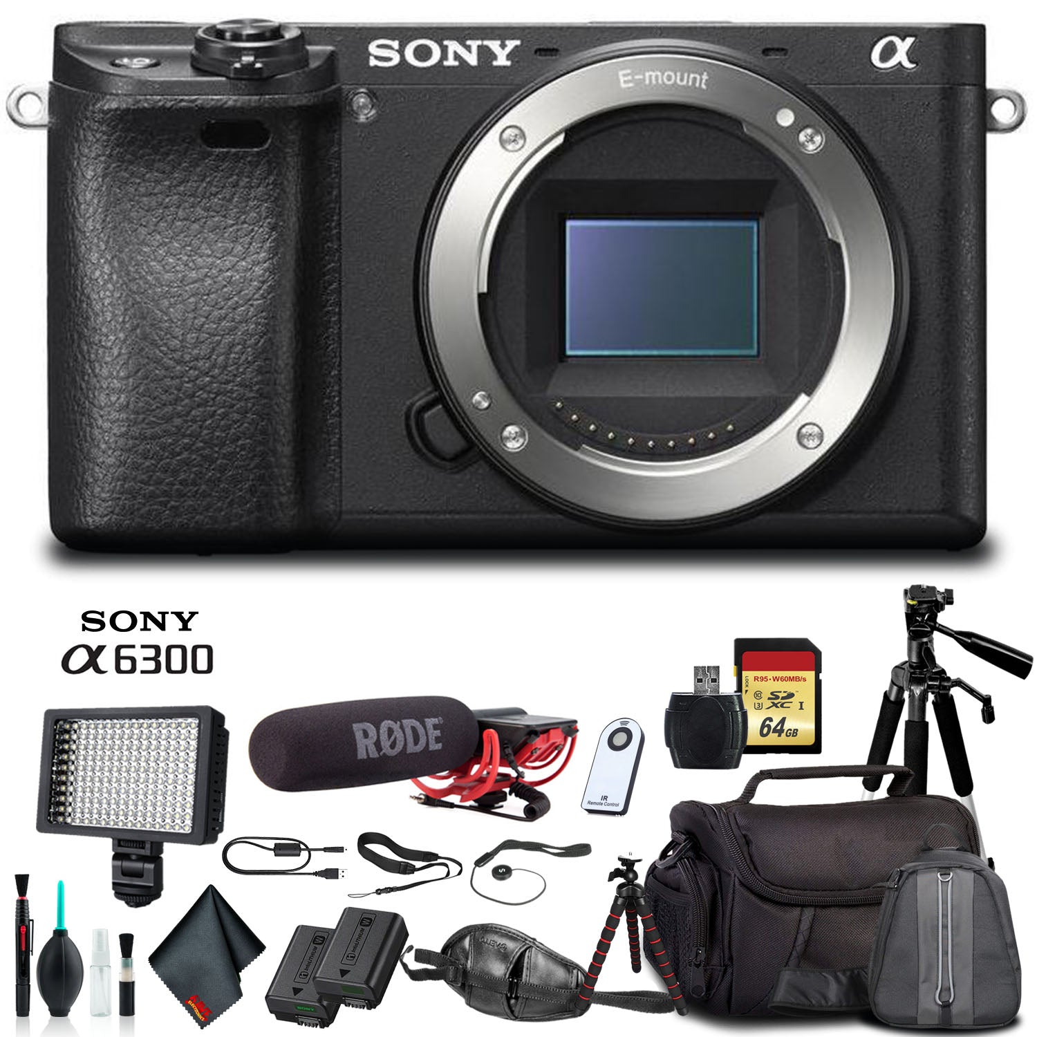 Sony Alpha a6300 Mirrorless Camera Black ILCE6300/B With Soft Bag, Tripod, Additional Battery, Rode Mic, LED Light, 64GB Memory Card, Sling Soft Bag, Card Reader , Plus Essential Accessories