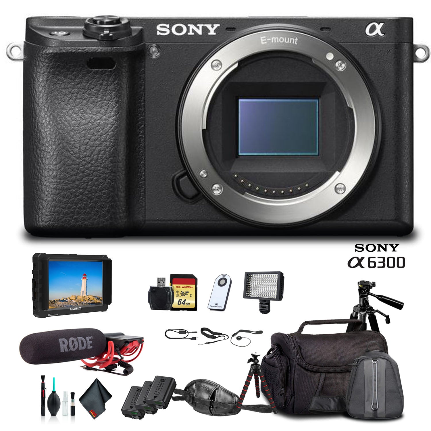 Sony Alpha a6300 Mirrorless Camera Black ILCE6300/B With Soft Bag, Tripod, 2x Extra Batteries, Rode Mic, LED Light, External HD Monitor, 2x 64GB Cards, Card Reader , Plus Essential Accessories