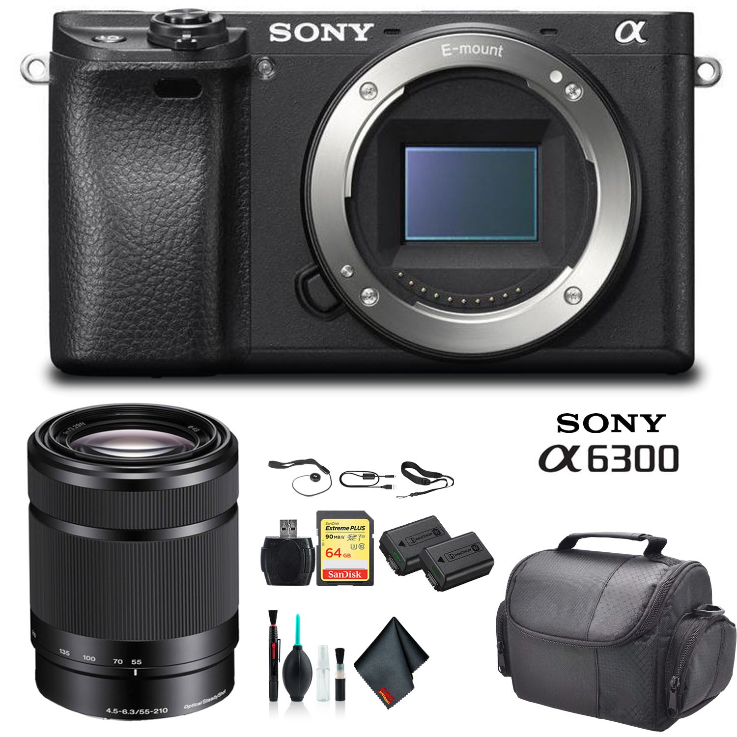 Sony Alpha a6300 Mirrorless Camera Black ILCE6300/B With Sony 55-210mm Lens, Soft Bag, Additional Battery, 64GB Memory Card, Card Reader , Plus Essential Accessories