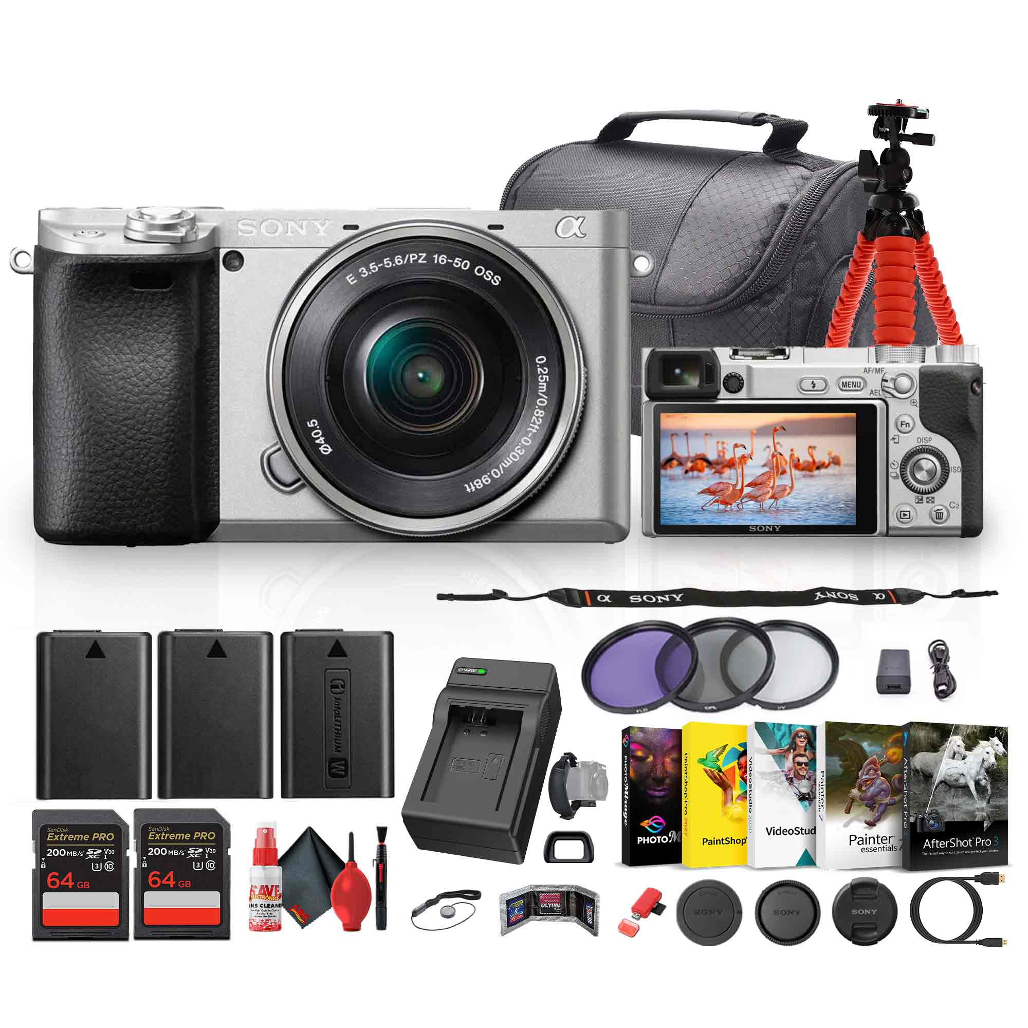 Sony a6400 Mirrorless Camera with 16-50mm f/3.5-5.6 II Lens (Silver) - Bundle